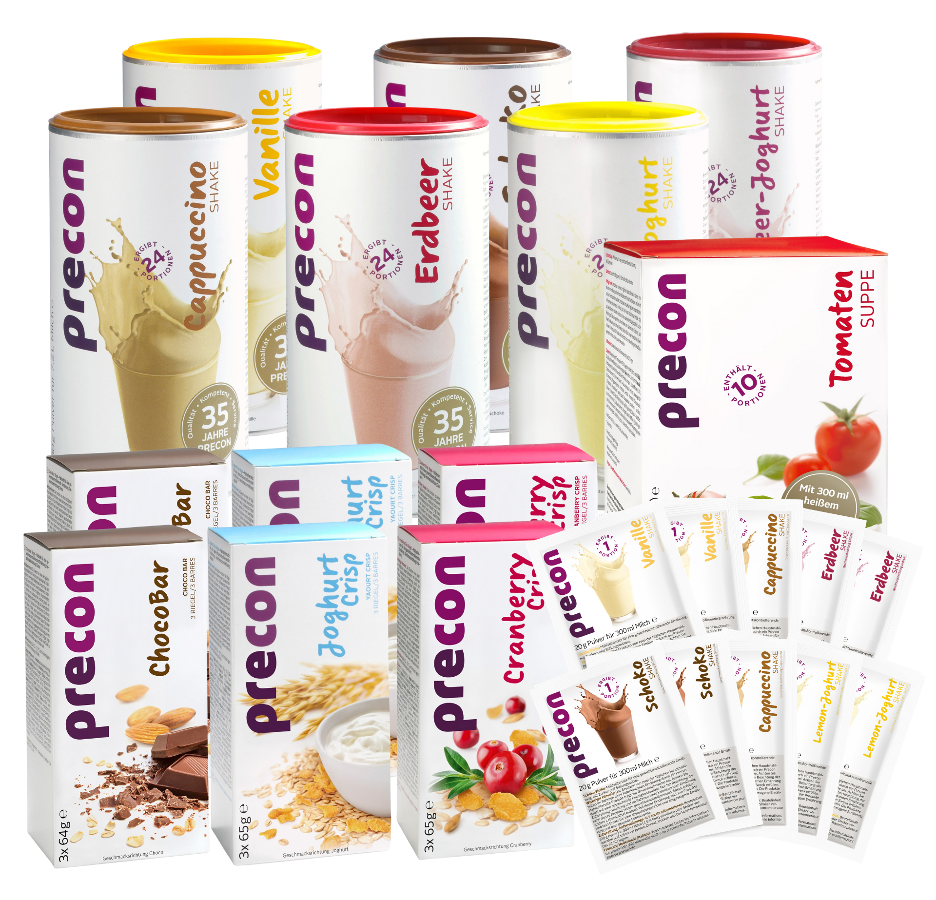 Das Precon 3-Monats-Mega-Vorrats-Paket CH enthält acht Mahlzeitenersatz-Shake-Behälter in verschiedenen Geschmacksrichtungen, drei Snackriegel-Boxen (Cranberry Crisp, ChocoBar, Caramel Crisp) und einzelne Beutel für ein effektives Gewichtsmanagement auf weißem Hintergrund.