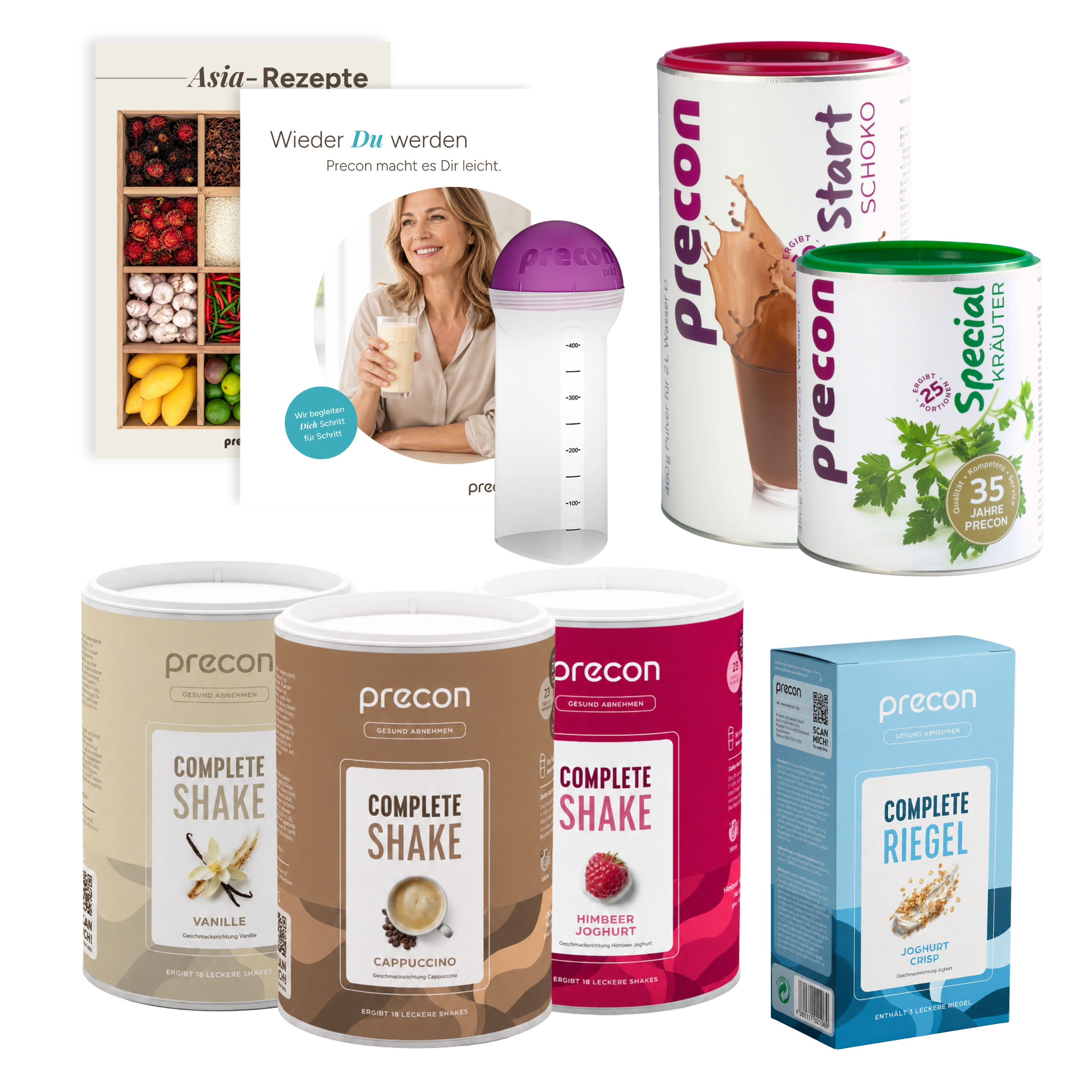 Das Precon 4-Wochen-Paket wird auf weißem Hintergrund dargestellt und enthält ein Rezeptbuch, einen Shaker, Shake-Pulver in den Geschmacksrichtungen Vanille, Cappuccino, Himbeer-Joghurt und Schokolade, eine Dose mit herzhafter Suppe sowie zwei Packungen Snackriegel.