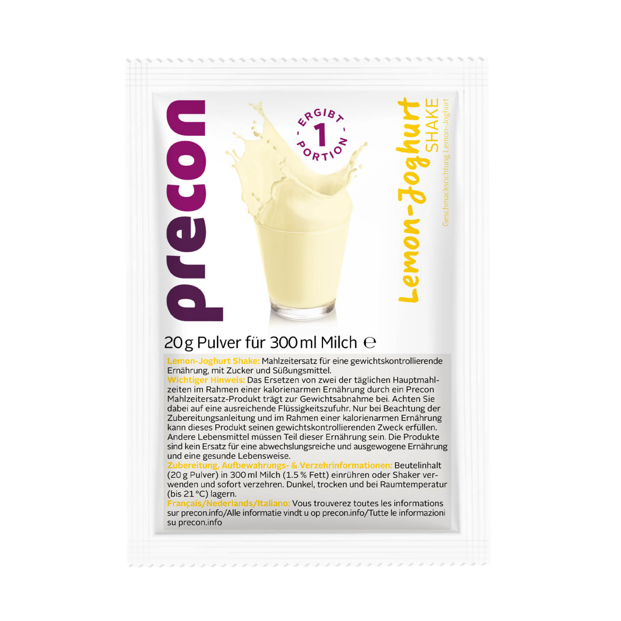 Eine Packung Precon Zitronen-Joghurt-Shake: 1 Einzelportion, ein Mahlzeitenersatz zum Abnehmen, zeigt ein Glas gelben Shakes und einen deutschen Text über Zutaten und Zubereitung. Die Packung enthält eine Portion.