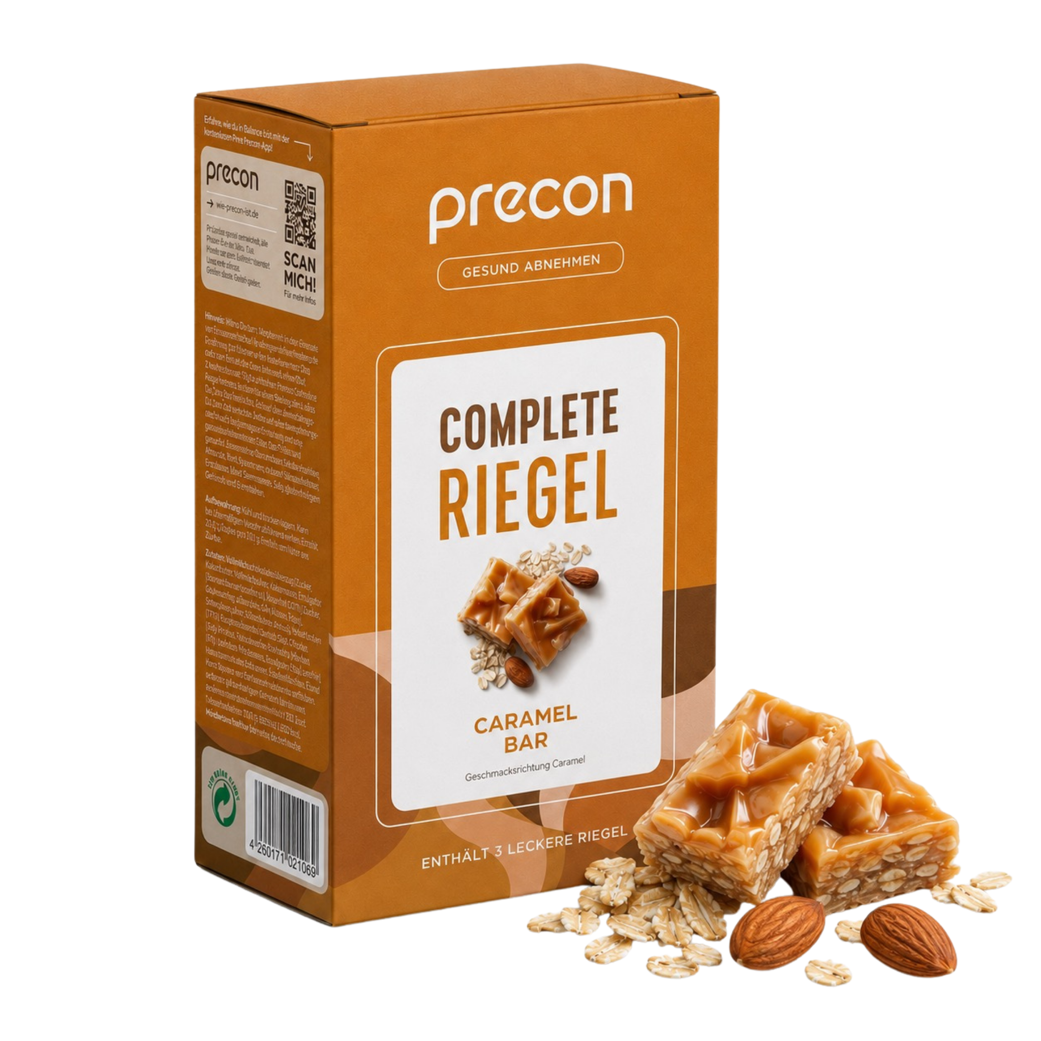 Verpackung der „Complete Riegel CaramelBar“ von Anona GmbH mit Abbildungen von Karamell, Haferriegeln, Haferflocken und Mandeln. Die orange-weiße Verpackung ist mit deutschem Text bedruckt.