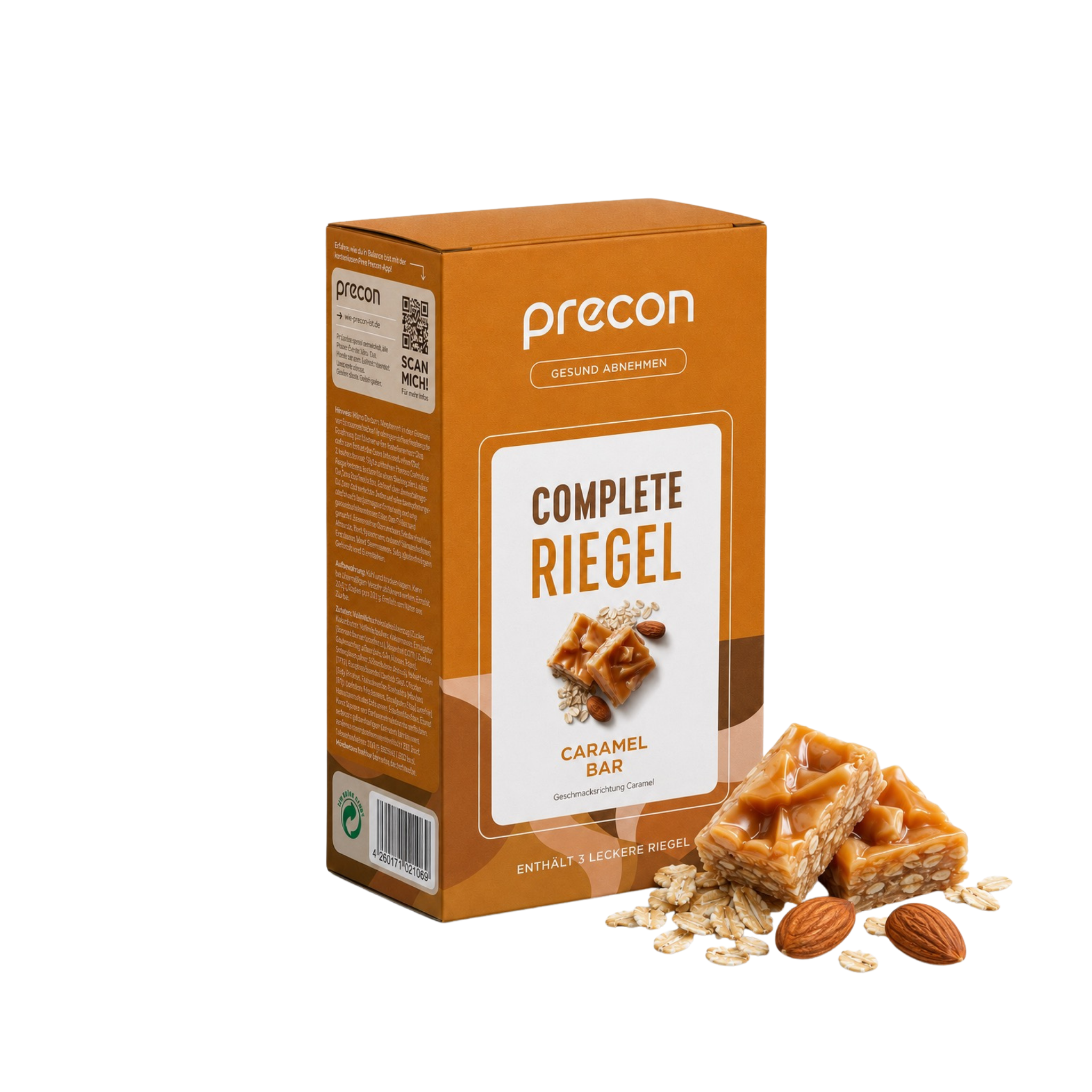 Eine Schachtel „Complete Riegel CaramelBar“ der Anona GmbH ist abgebildet, auf der zwei Karamellriegel, Haferflocken und eine Mandel zu sehen sind. Die orange-weiße Verpackung enthält Produktinformationen in deutscher Sprache.