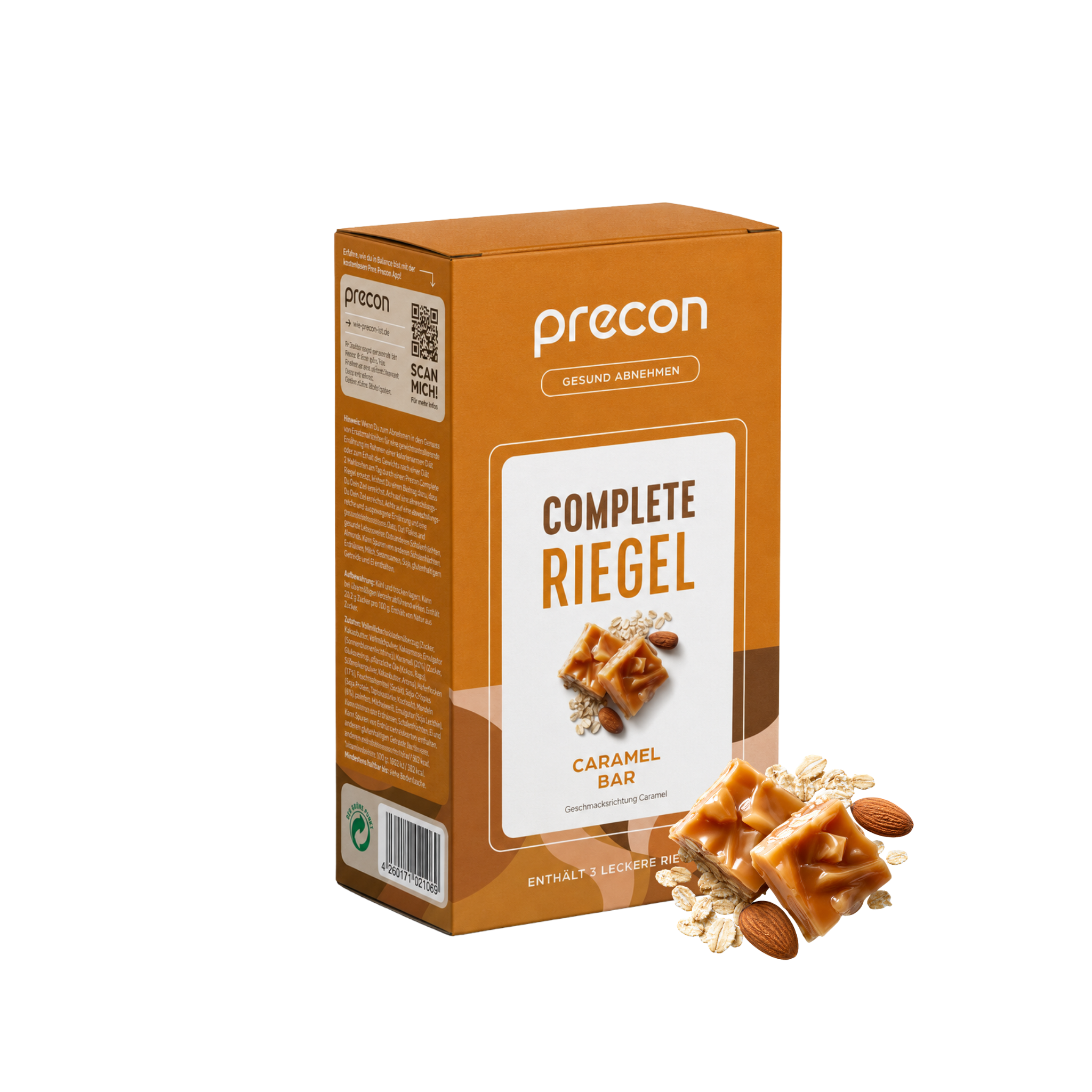 Eine Packung „Complete Riegel Caramel Bar“ von Anona GmbH als Mahlzeitenersatz, bestehend aus Karamellriegeln, Mandeln und Haferflocken, in einer braun-weißen Verpackung mit gut sichtbaren Marken- und Produktangaben.
