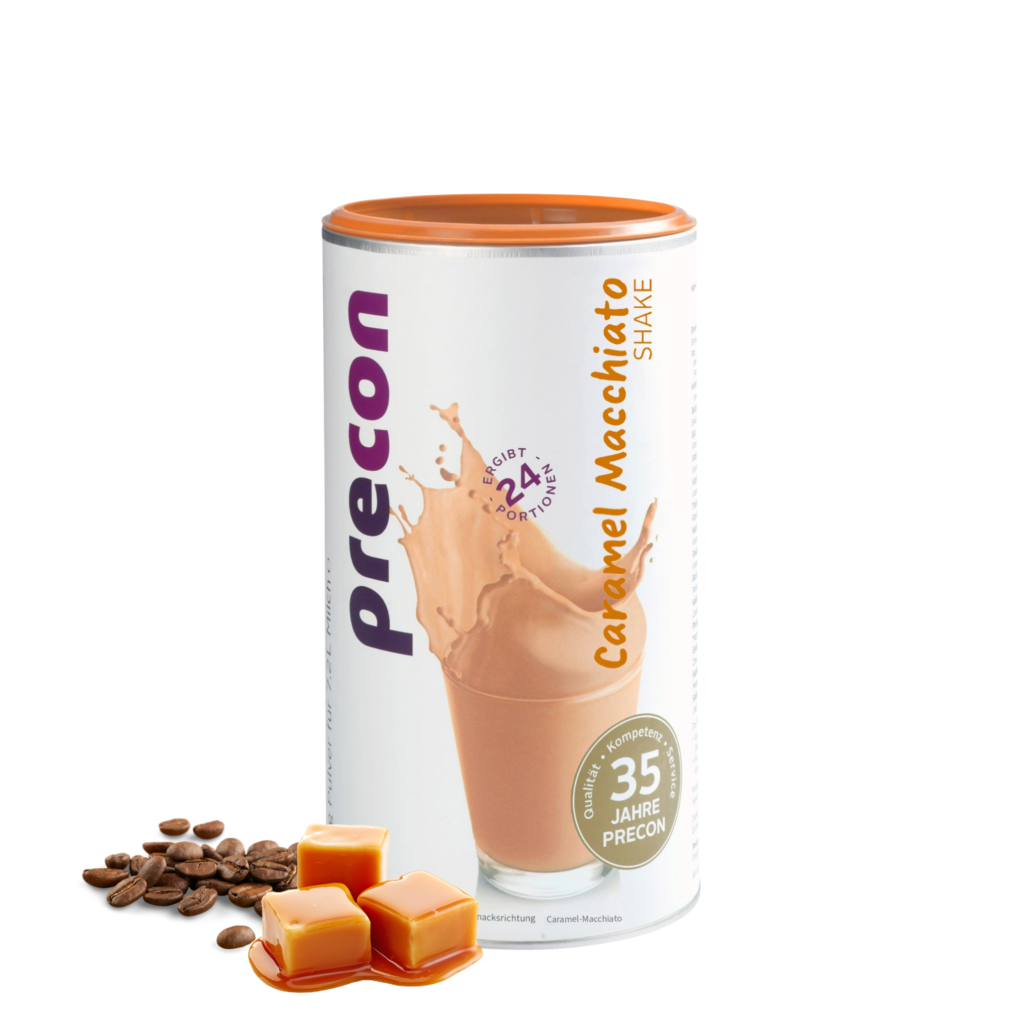 Abgebildet ist ein Kanister Anona GmbH Caramel Macchiato Shake mit einer Spritzer-Grafik des Shakes in einem Glas, Karamellwürfeln und Kaffeebohnen daneben auf weißem Hintergrund.