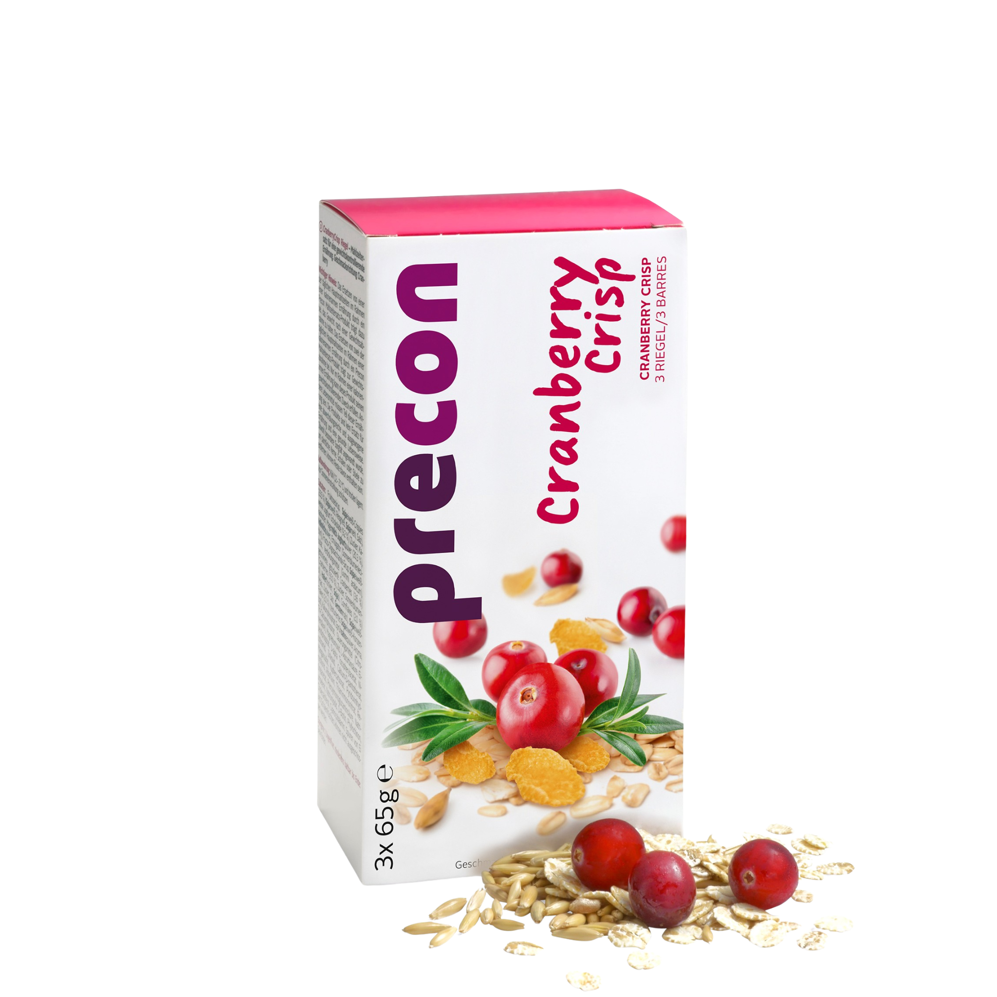 Auf der Vorderseite ist eine Schachtel Precon CranberryCrisp Riegel mit Cranberries, Hafer und Getreideflocken abgebildet. Die Verpackung ist weiß mit rosafarbener und roter Schrift und Abbildungen von Cranberries, die die Precon Diät für Gewichtsabnahme hervorheben.