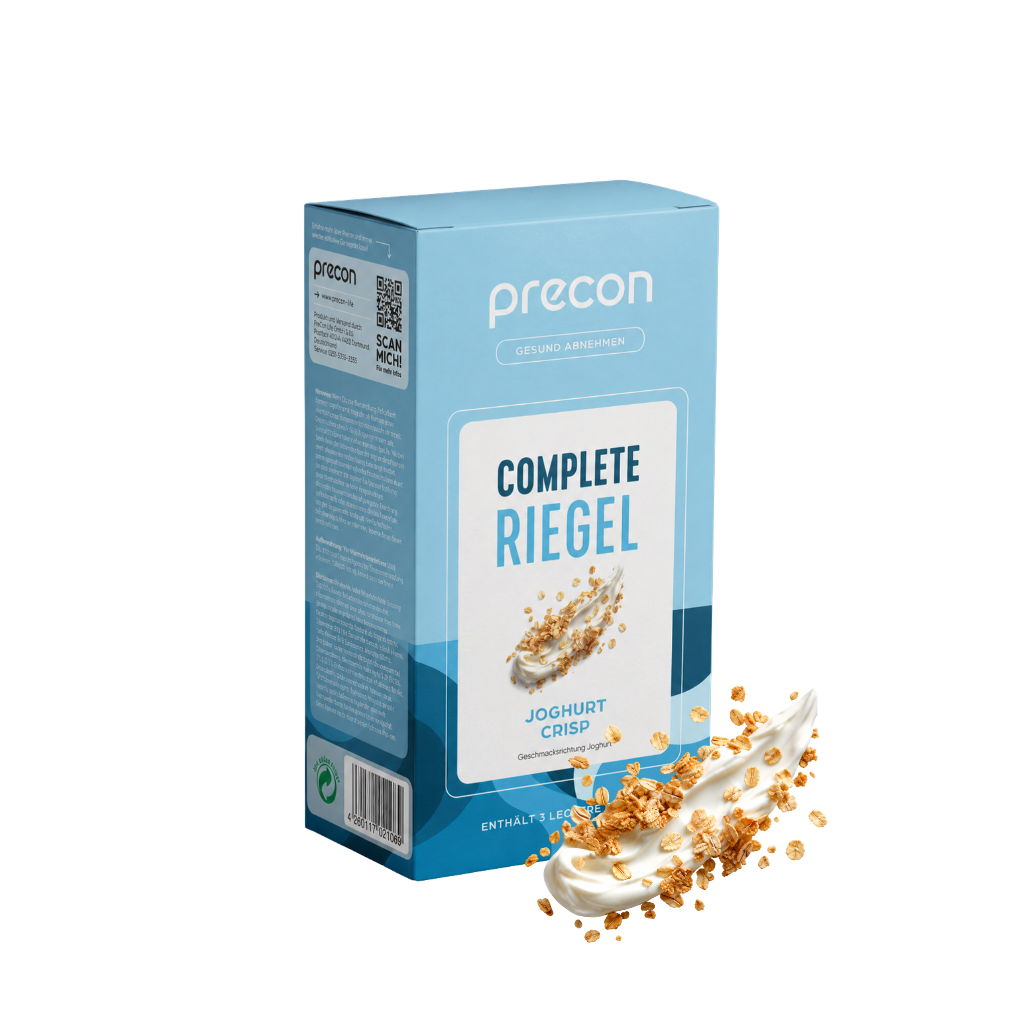 Auf einer blauen Verpackung der „Complete Riegel JoghurtCrisp“-Riegel von Anona GmbH ist auf der Vorderseite Joghurt mit knusprigen Müslistückchen vor einem weißen Hintergrund abgebildet.