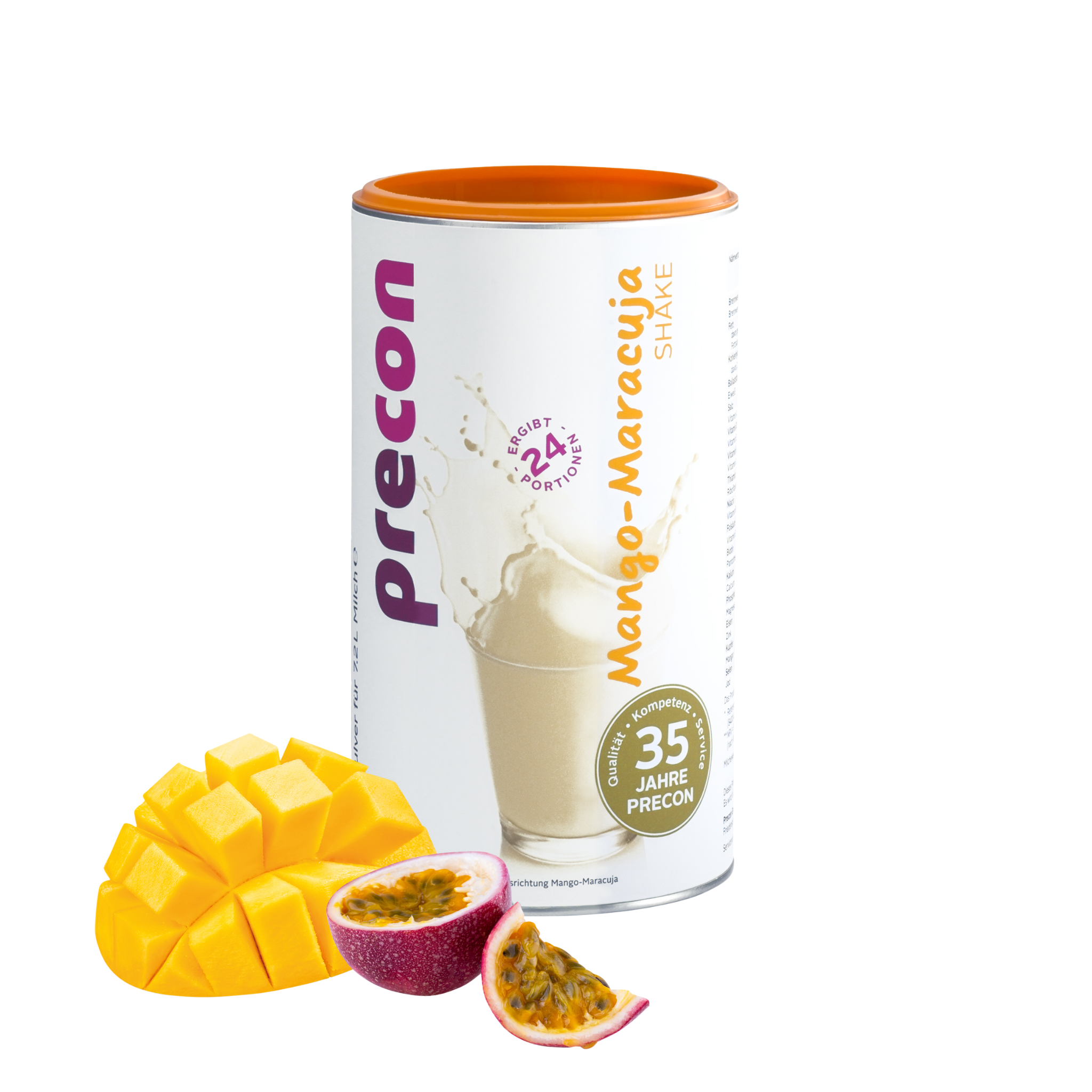 Ein Kanister Anona GmbH Mango-Maracuja-Shake mit einem leuchtenden Bild auf dem Etikett steht neben gewürfelter Mango und halbierter Passionsfrucht - ideal zum Abnehmen - auf weißem Hintergrund.