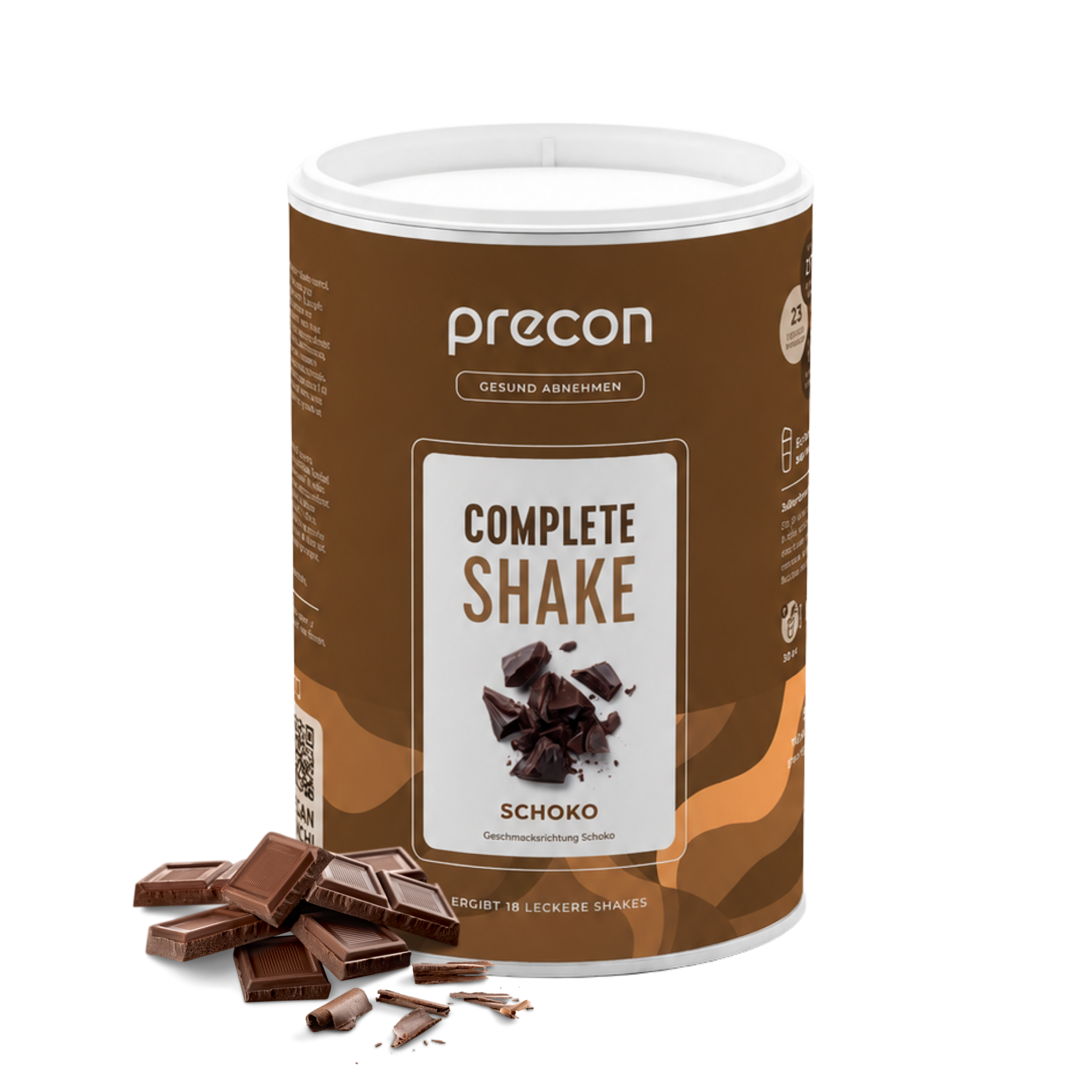 Auf dem Etikett eines zylindrischen Behälters mit „Complete Shake Schoko“ der Anona GmbH ist ein Bild von Schokoladenstückchen zu sehen, wobei Schokoladenstückchen vor dem Behälter platziert sind.