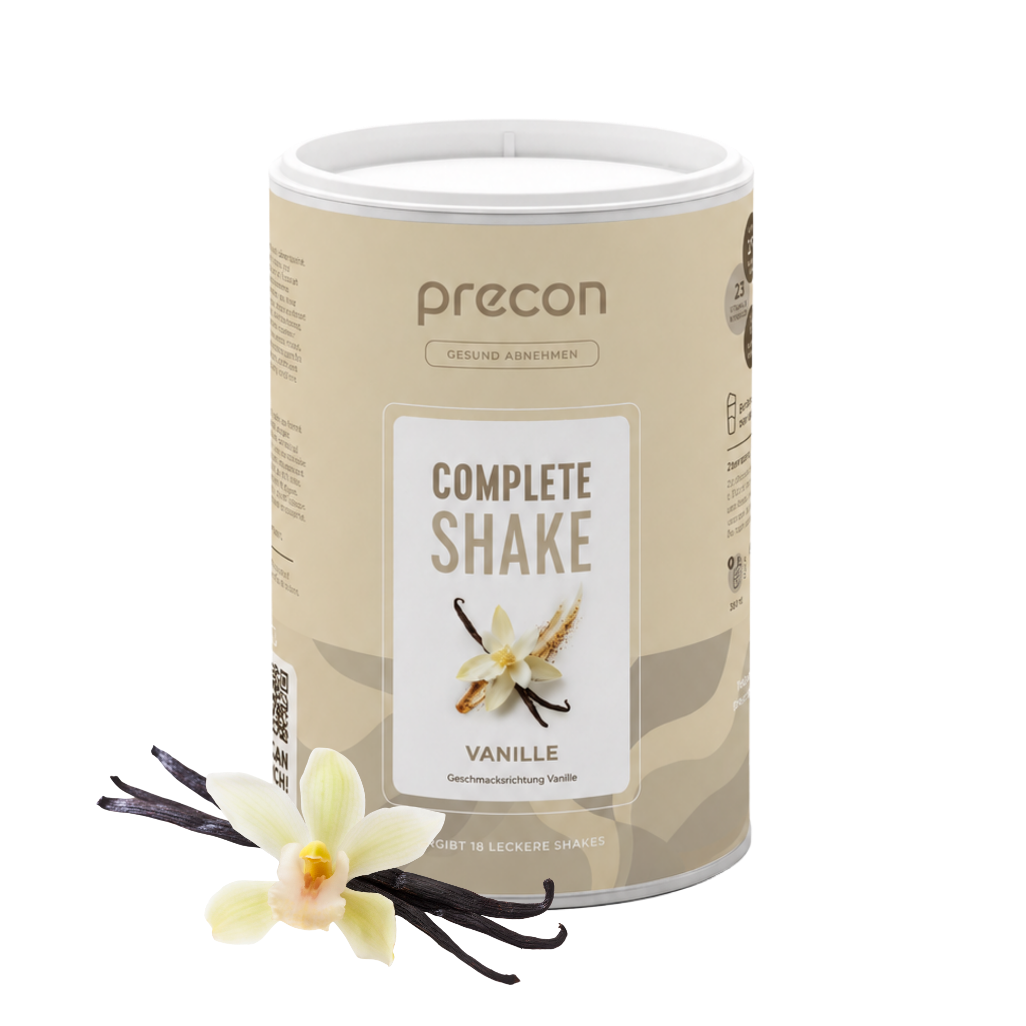 Ein beiger Behälter mit „Anona GmbH Complete Shake Vanille“, vor dem auf weißem Hintergrund eine Vanilleblüte und Vanilleschoten zu sehen sind.