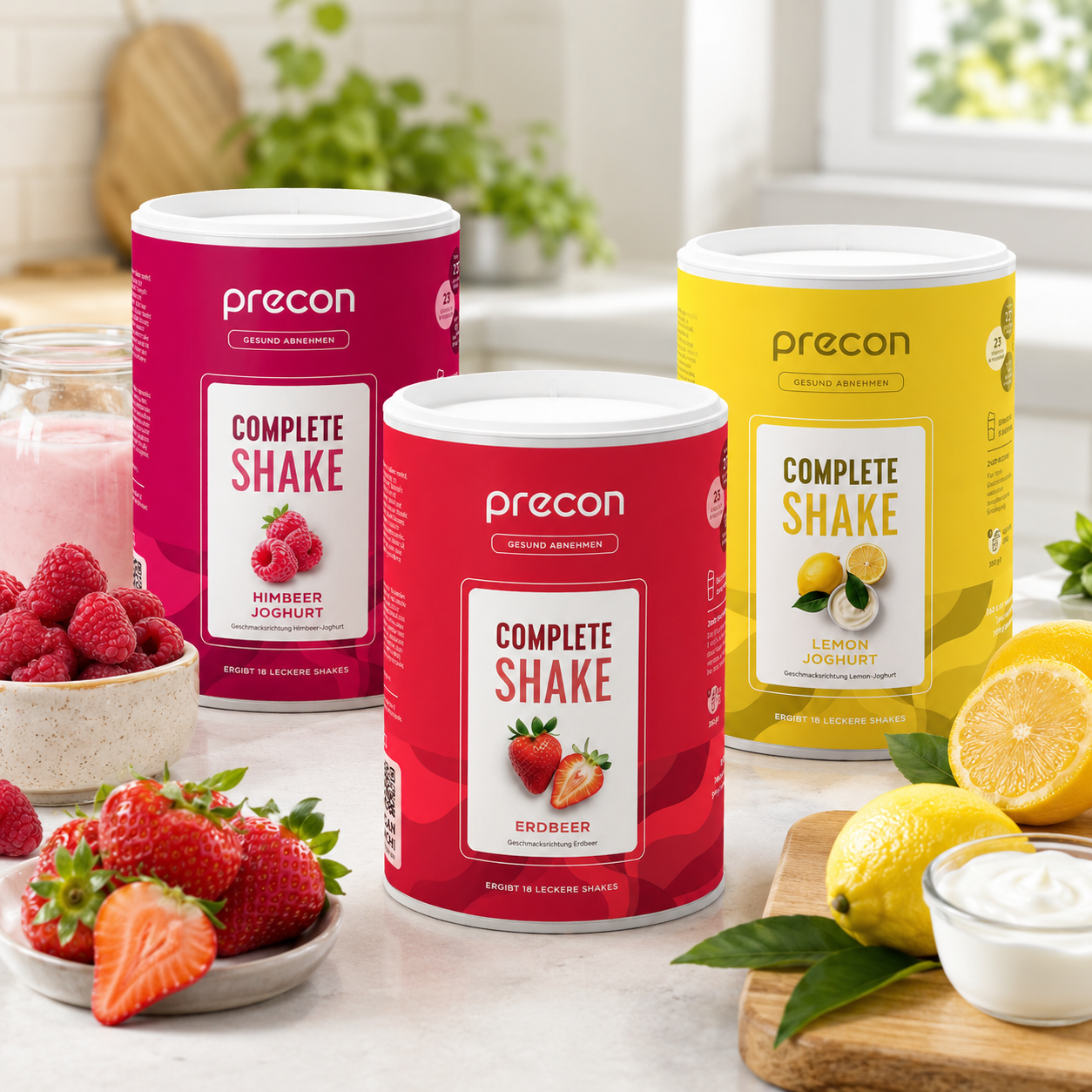 In einer hellen Küche stehen drei „Precon Mix & Match Bundle“-Behälter von Precon (mit den Geschmacksrichtungen Himbeer-Joghurt, Erdbeere und Zitronen-Joghurt) auf einem Tisch, daneben Schalen mit frischen Himbeeren, Erdbeeren und Zitronen sowie ein Glas rosa Milchshake.