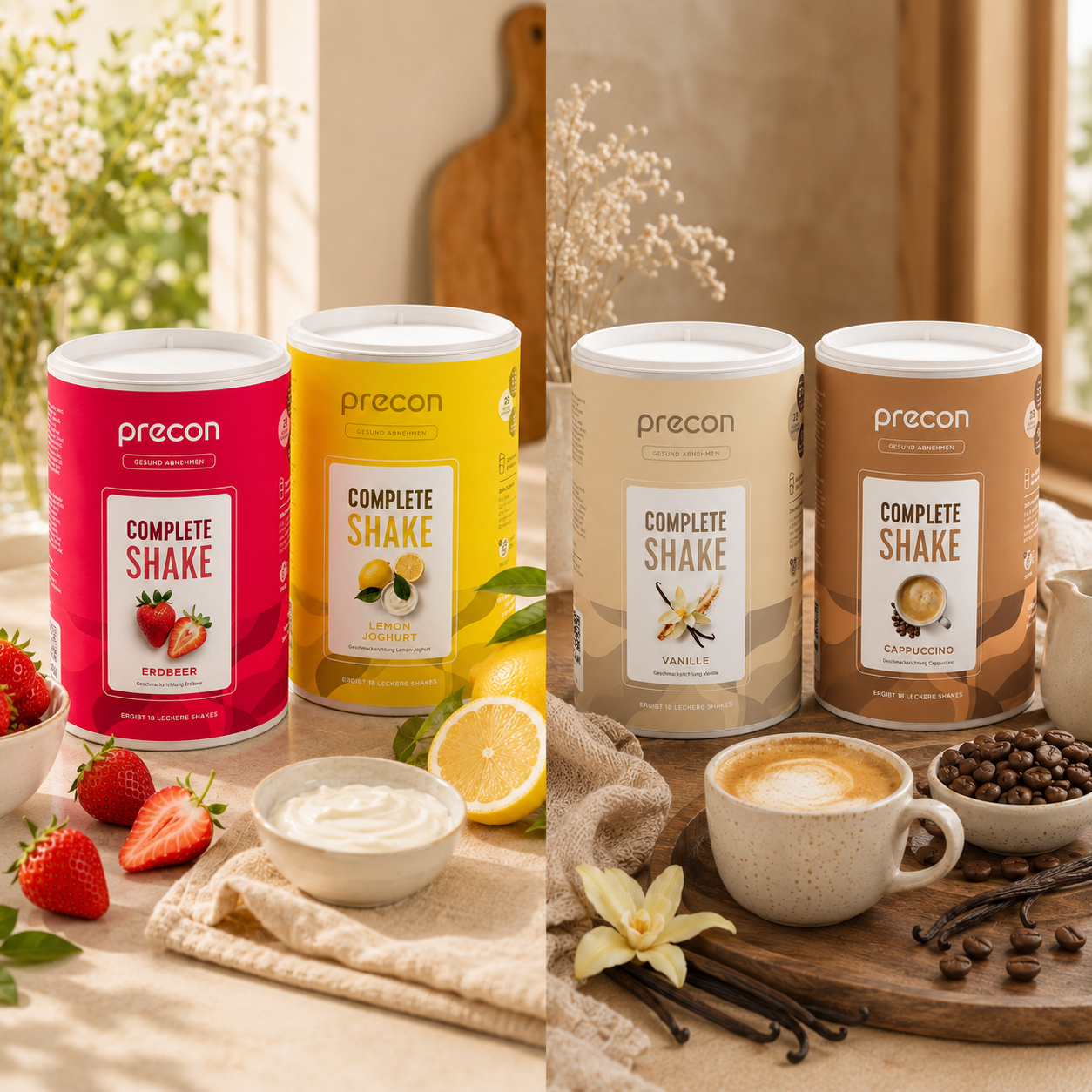 „Mix & Match“-Paket von Precon: Links sind die Joghurtgeschmacksrichtungen Erdbeere und Zitrone zusammen mit Früchten abgebildet; rechts sind die Geschmacksrichtungen Vanille und Cappuccino neben einem Cappuccino, Kaffeebohnen und Vanilleschoten zu sehen.