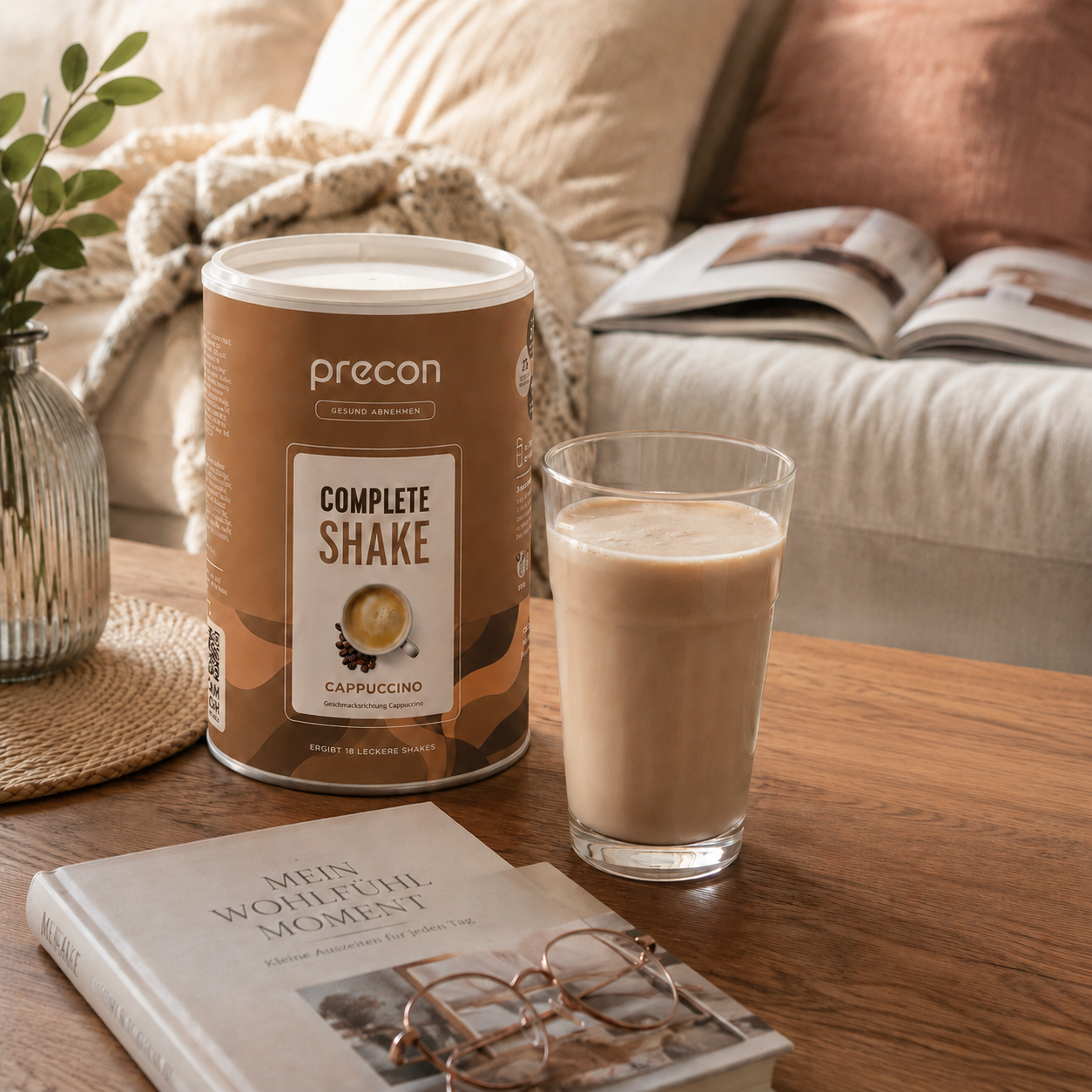 Ein Behälter mit „Complete Shake Cappuccino“ von Anona GmbH und ein mit Shake gefülltes Glas stehen auf einem Holztisch neben einem Buch, einer Brille und einer kleinen Vase mit Blättern. Im Hintergrund trägt ein gemütliches Sofa, das mit Kissen und einer Decke geschmückt ist, zur einladenden Atmosphäre bei.