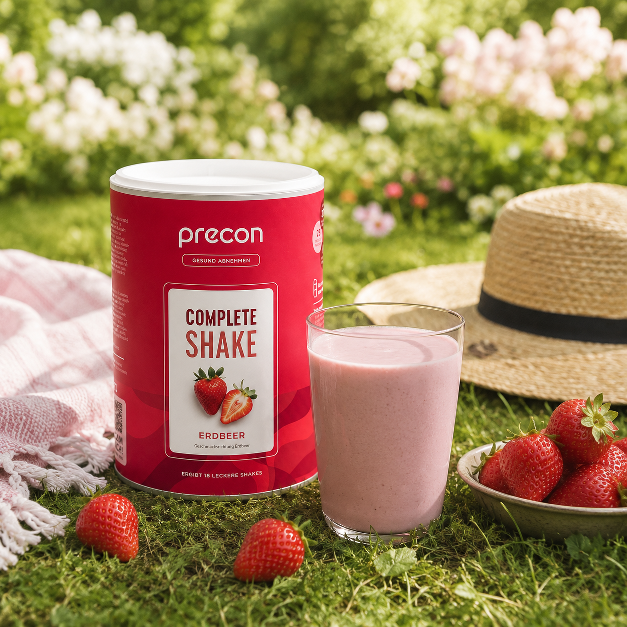 Ein Glas Erdbeer-Shake, eine Packung „Complete Shake Erdbeer“ von Anona GmbH, frische Erdbeeren, ein Strohhut und eine rosa karierte Tischdecke sind draußen auf dem Rasen arrangiert, im Hintergrund sind verschwommene Blumen zu sehen.