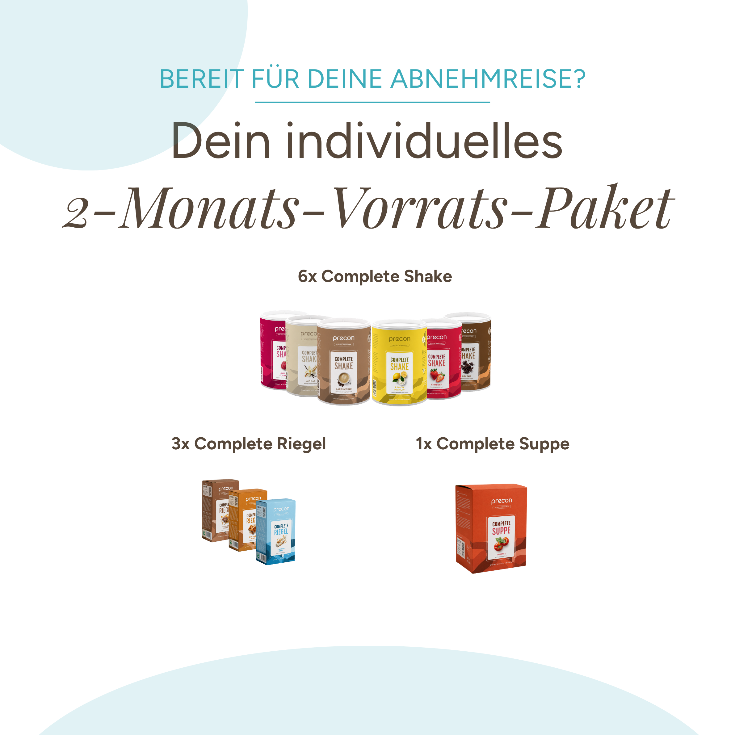 Eine deutsche Werbeanzeige für das „Precon 2-Monats-Vorrats-Paket“, das entwickelt wurde, um Sie bei Ihrer Gewichtsabnahme zu unterstützen. Das Paket enthält 6 „Complete Shakes“, 3 „Complete Bars“ und 1 „Complete Soup“, die alle mit pastellfarbenen Designakzenten sowie blauem und braunem Text präsentiert werden.