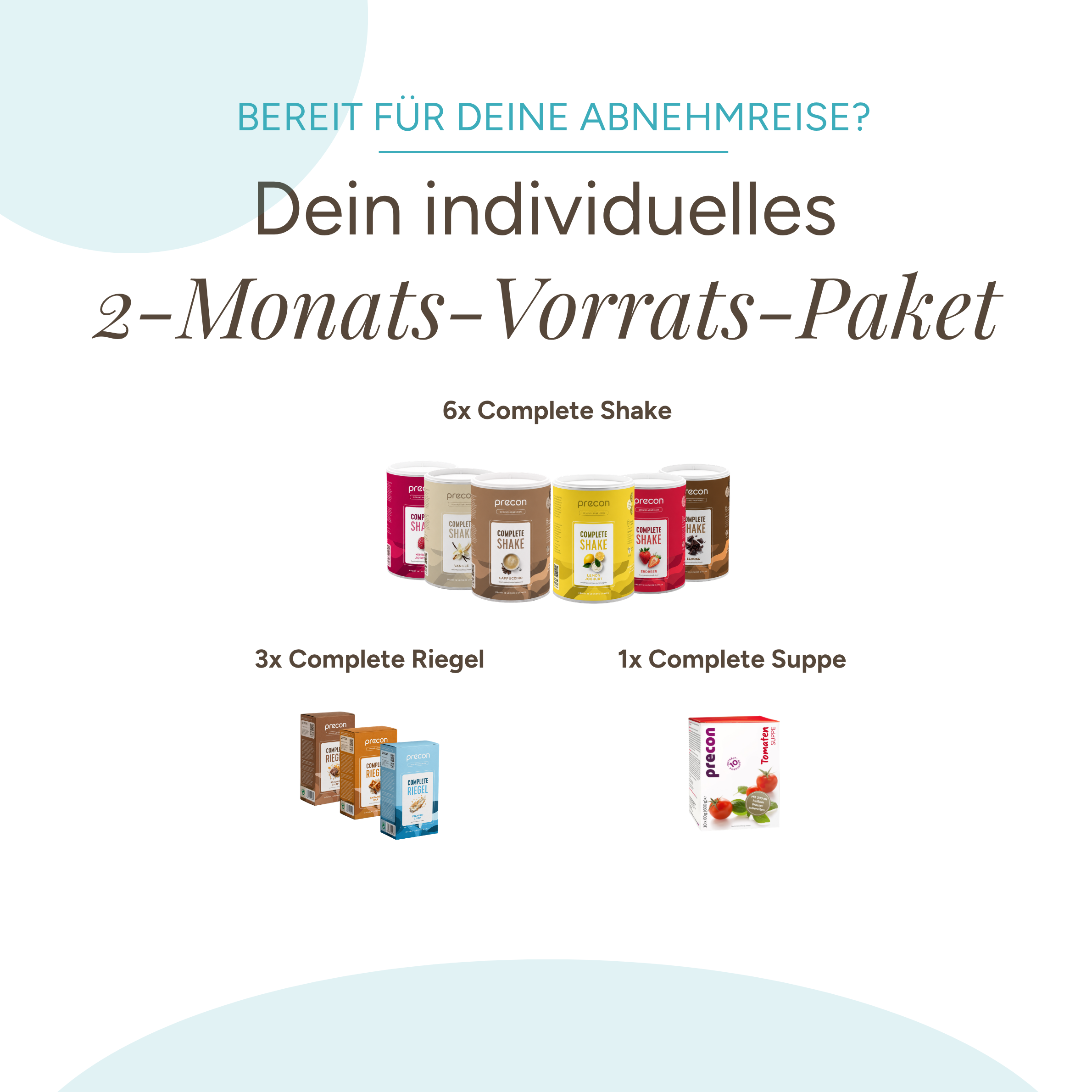 Bild des „Precon 2-Monats-Vorrats-Pakets“ mit 6 Shakes, 3 Riegeln und 1 Suppe. Der deutsche Text lädt dazu ein, den Weg zur Gewichtsabnahme zu beginnen. Alle Produkte sind in farbenfrohen Verpackungen der Marke Precon abgebildet.