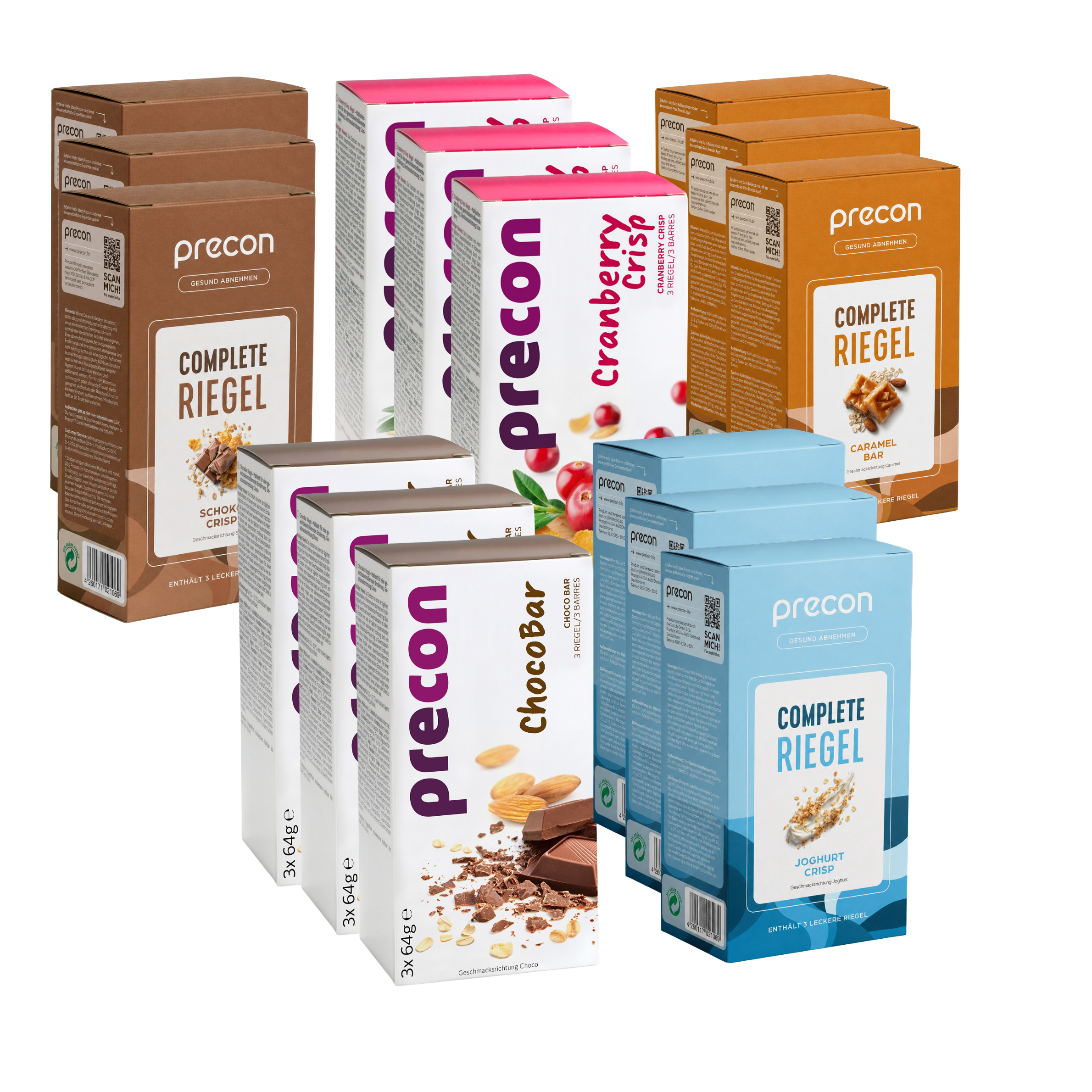 Neun Schachteln des „Precon Riegel-Vorrats-Pakets“ mit Sorten wie „Complete Riegel“, „ChocoBar“, „Cranberry Crisp“ und Joghurt-Riegeln sind in drei Reihen auf weißem Hintergrund angeordnet.