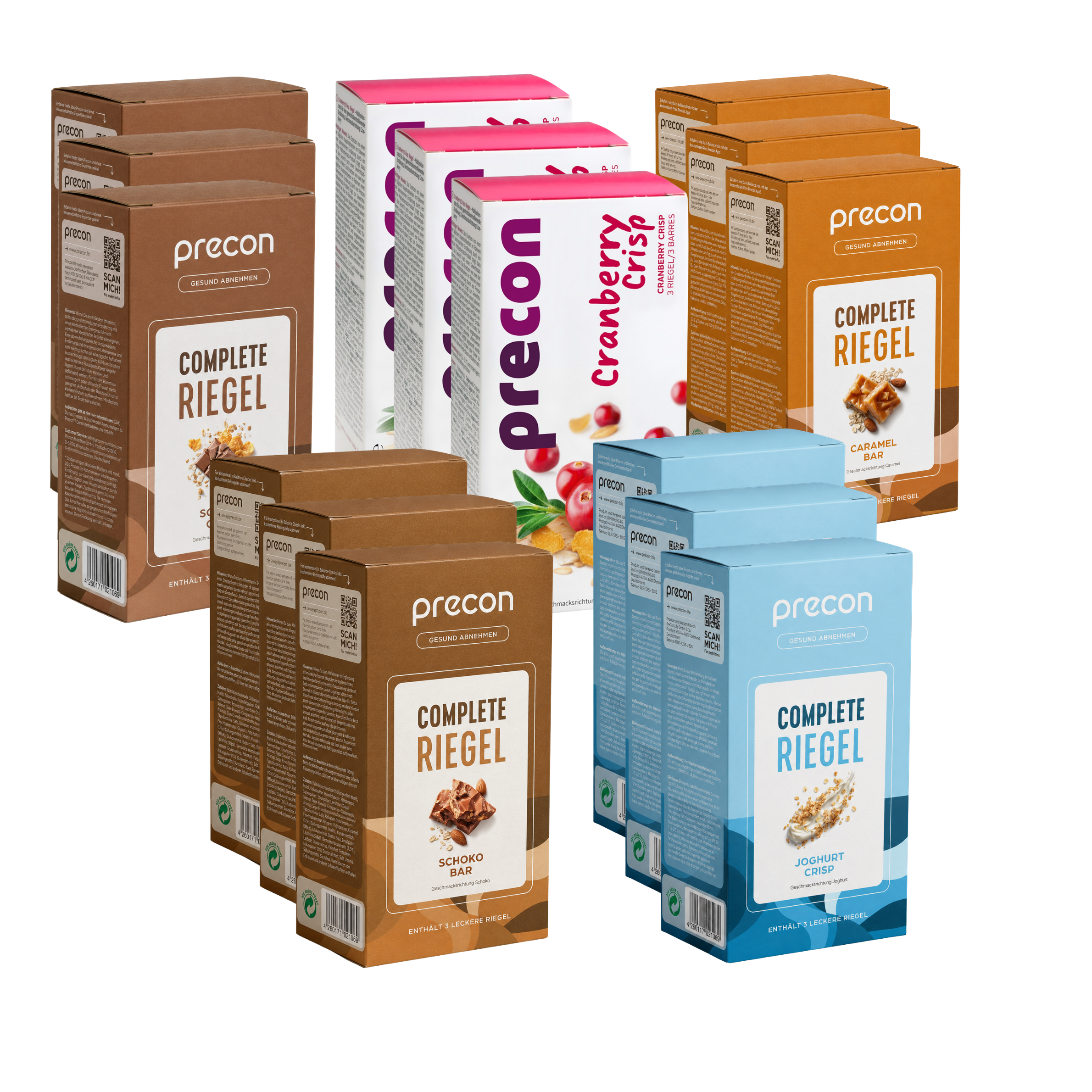 Neun Packungen des „Precon Riegel-Vorrats-Pakets“ in verschiedenen Geschmacksrichtungen (Schokolade, Karamell und Joghurt) sowie drei Packungen „Precon Cranberry Crisp“-Riegel, gruppenweise auf weißem Hintergrund angeordnet.
