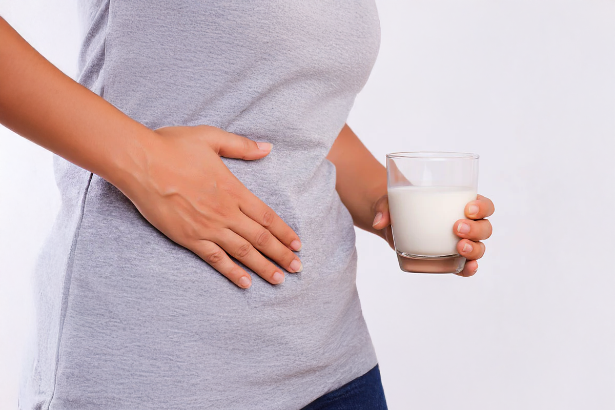Frau hält sich den Bauch und hält ein Glas Milch in der Hand – Symbolbild für Lactoseintoleranz