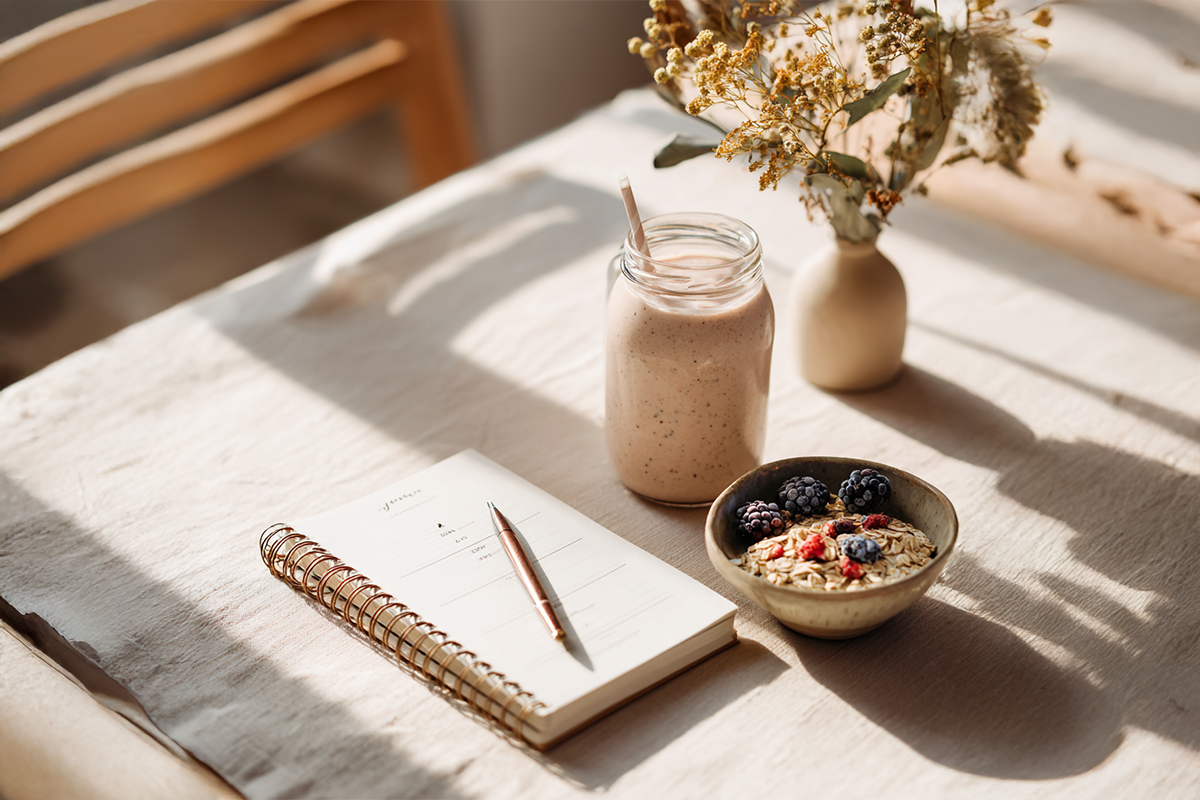 Shake im Glas, Müsli mit Beeren und Notizbuch auf einem sonnigen Tisch – Mahlzeiten beim Abnehmen planen