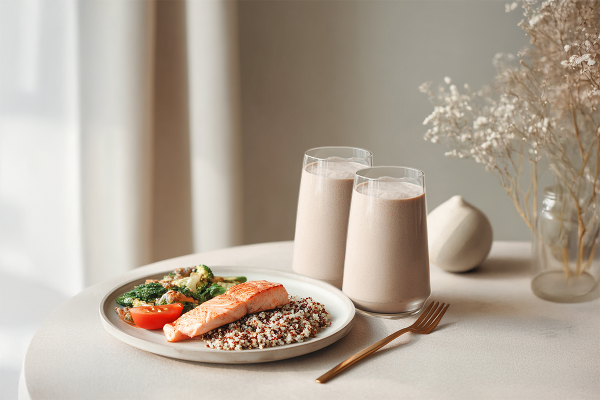 Zwei Gläser Mahlzeitenersatz-Shake neben einem Teller mit Lachs, Quinoa und Gemüse auf einem Tisch