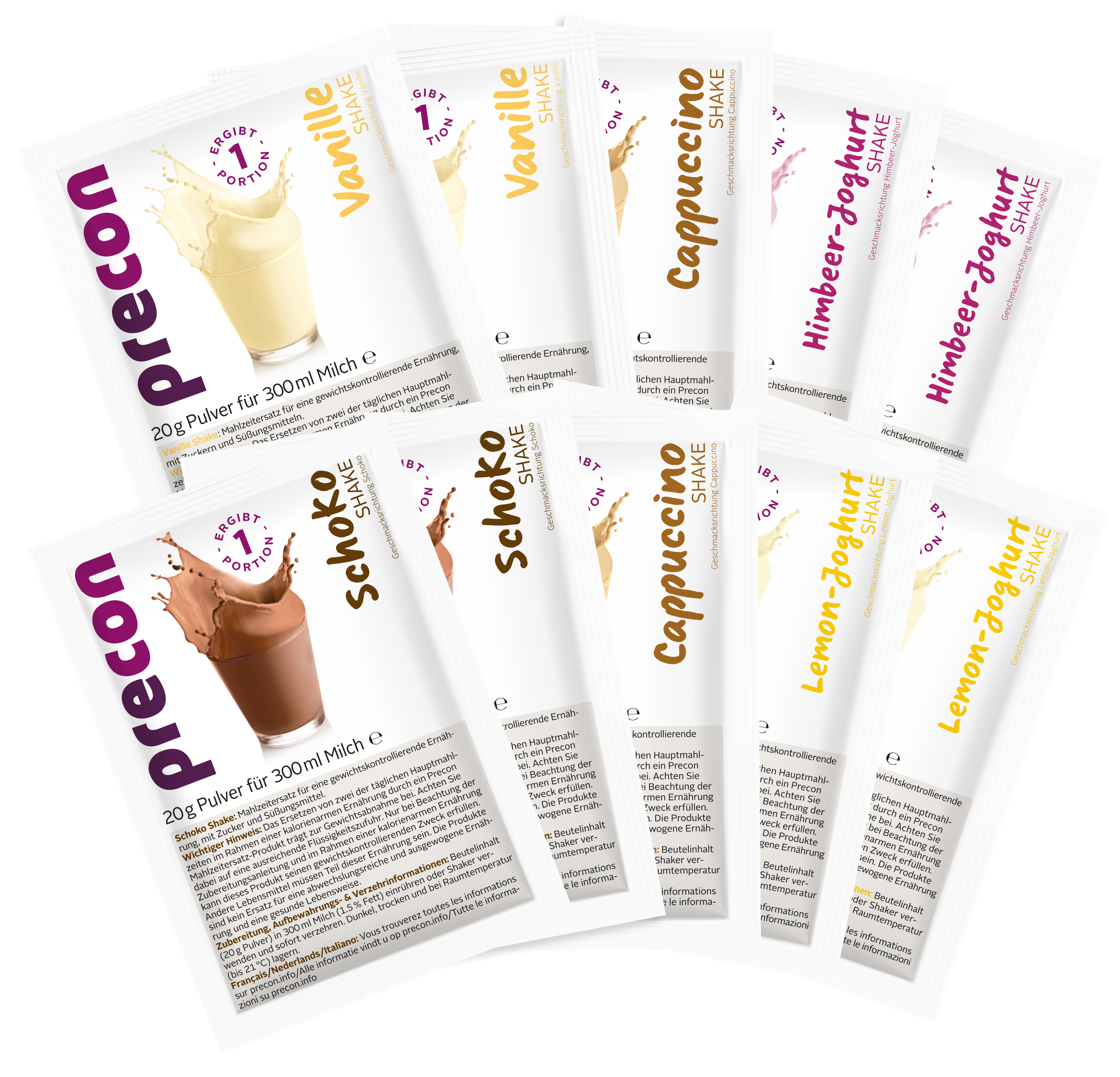 Neun Tütchen Precon Shake Mix - Einzelportionen in verschiedenen Geschmacksrichtungen sind fächerförmig auf hellem Hintergrund angeordnet.