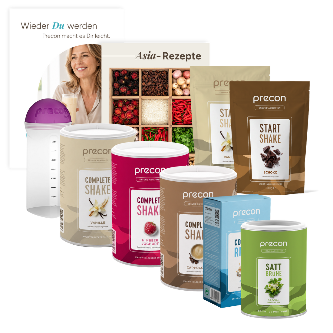 Precon 4-Wochen-Paket mit Start Shakes, Complete Shakes, Riegeln, Satt Brühe und Shaker