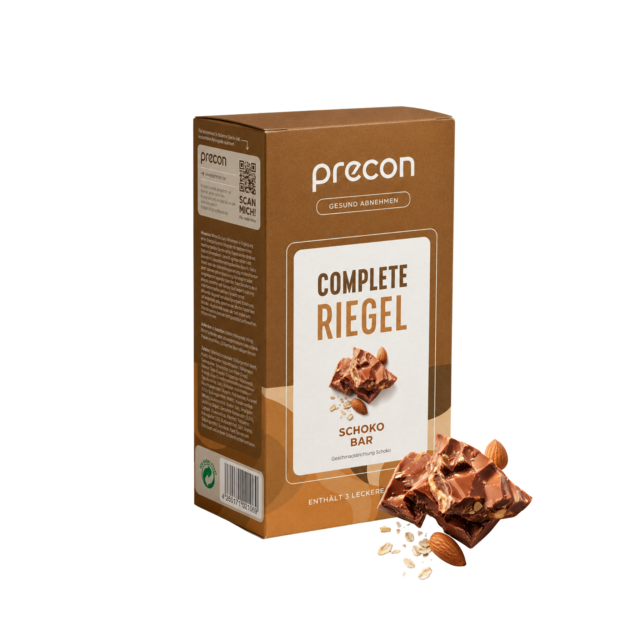 Eine braune Verpackung von „Complete Riegel ChocoBar“ der Anona GmbH, auf deren Vorderseite Schokoladenstückchen, Haferflocken und Mandeln abgebildet sind. Die Verpackung mit deutscher Beschriftung ist vor einem weißen Hintergrund abgebildet.