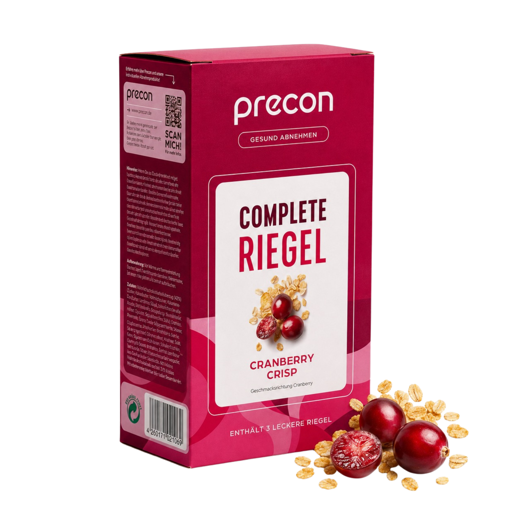Zu sehen ist eine rote Verpackung der „Complete Riegel CranberryCrisp“-Riegel der Anona GmbH, auf deren Verpackung Cranberries und Getreideflocken abgebildet sind. Neben der Verpackung liegen frische Cranberries und Getreideflocken.