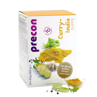 Abgebildet ist eine Schachtel mit Precon Curry-India Suppe. Auf der Verpackung sind Currypulver, Ingwer, Staudensellerie und Koriander zu sehen. Dieser Mahlzeitenersatz liefert 10 Portionen; zur Zubereitung einfach 300 ml heißes Wasser pro Portion hinzufügen.
