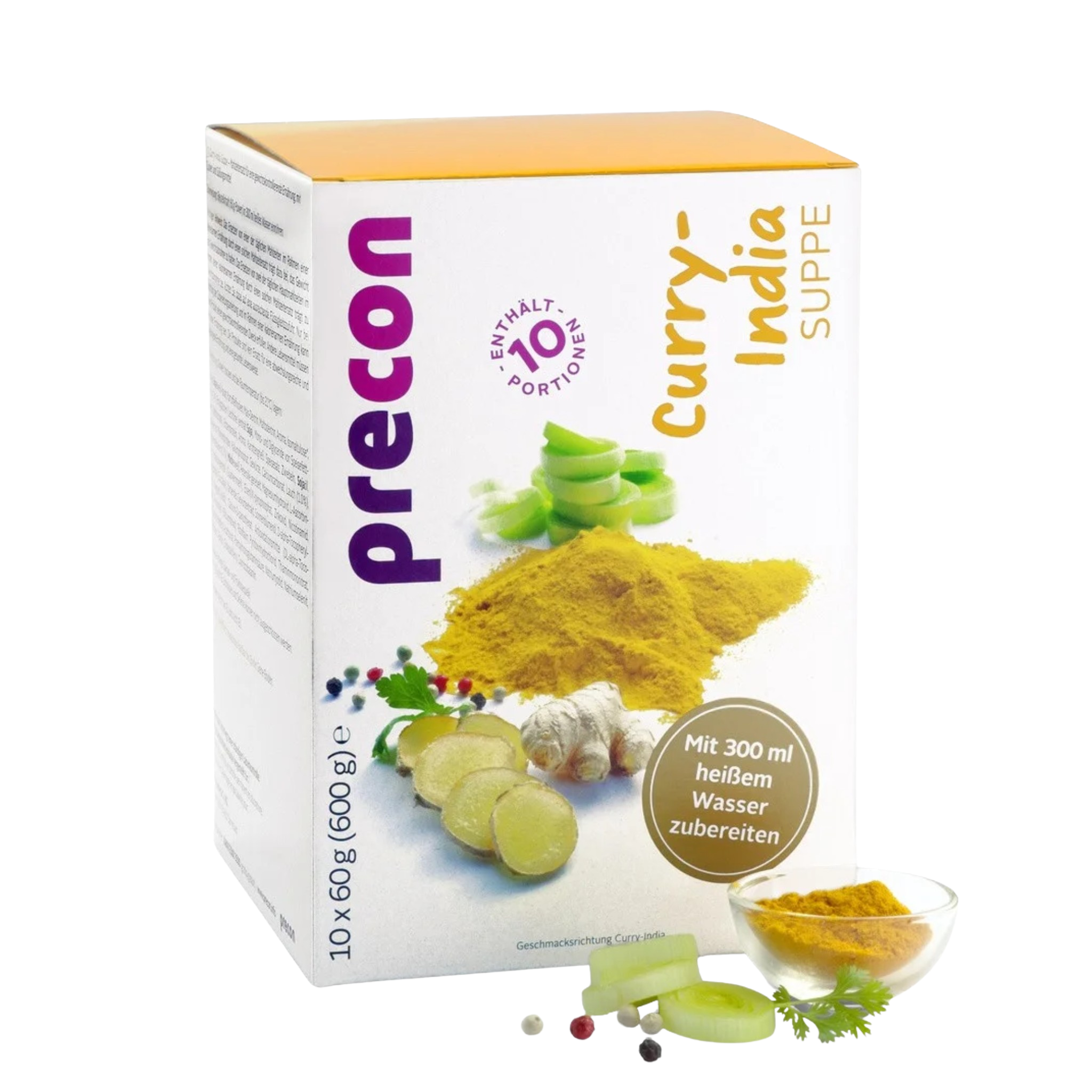 Abgebildet ist eine Schachtel mit Precon Curry-India Suppe. Auf der Verpackung sind Currypulver, Ingwer, Staudensellerie und Koriander zu sehen. Dieser Mahlzeitenersatz liefert 10 Portionen; zur Zubereitung einfach 300 ml heißes Wasser pro Portion hinzufügen.