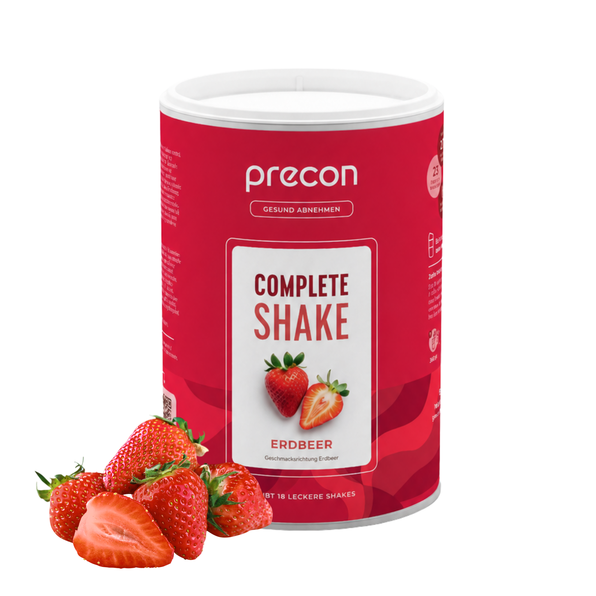 Ein roter Behälter mit dem Produkt „Anona GmbH Complete Shake Erdbeer“, auf dessen Etikett Erdbeeren abgebildet sind, vor dem der Behälter mit frischen Erdbeeren platziert ist.