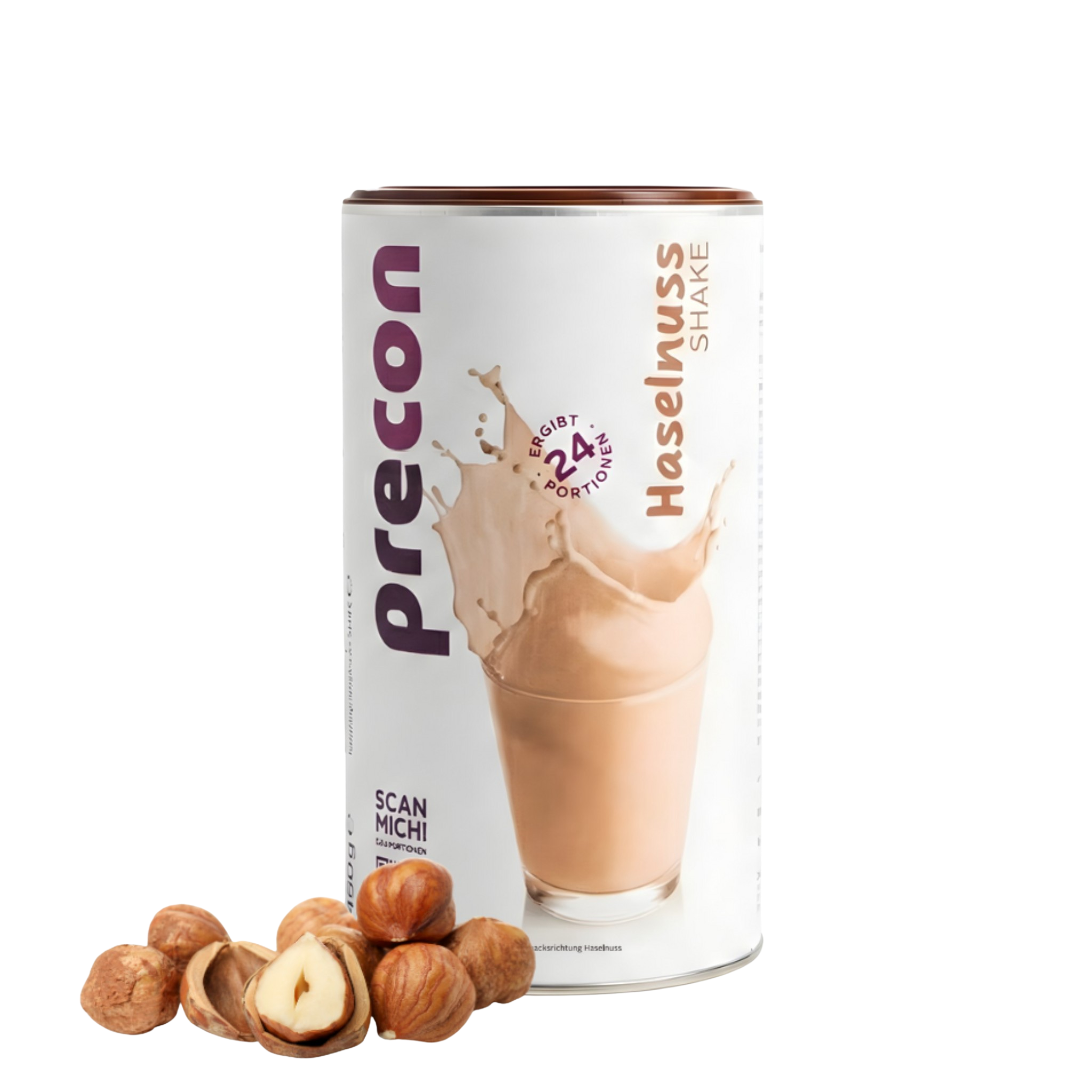 Der Precon Haselnuss-Shake-Behälter zeigt auf seinem Etikett eine Spritzer-Grafik und ein Glas Haselnuss-Shake, vor dem ganze und geknackte Haselnüsse angeordnet sind.