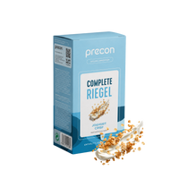 Auf einer blauen Verpackung der „Complete Riegel JoghurtCrisp“-Riegel von Anona GmbH ist auf der Vorderseite Joghurt mit knusprigen Müslistückchen vor einem weißen Hintergrund abgebildet.
