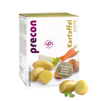 Precon Kartoffelsuppe ist eine Abnehm-Suppe aus dem Precon-Sortiment. Die überwiegend weiße Packung mit lila und gelben Akzenten zeigt Kartoffeln, Karotten, Petersilie und Zubereitungshinweise: mit 300 ml heißem Wasser vermischen.