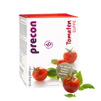 Eine Schachtel Precon Tomatensuppe zeigt Bilder von frischen Tomaten und Basilikum, enthält 10 Portionen, ist ideal für Diäten zur Gewichtsabnahme und enthält eine Anleitung zur Zubereitung mit 300 ml heißem Wasser.