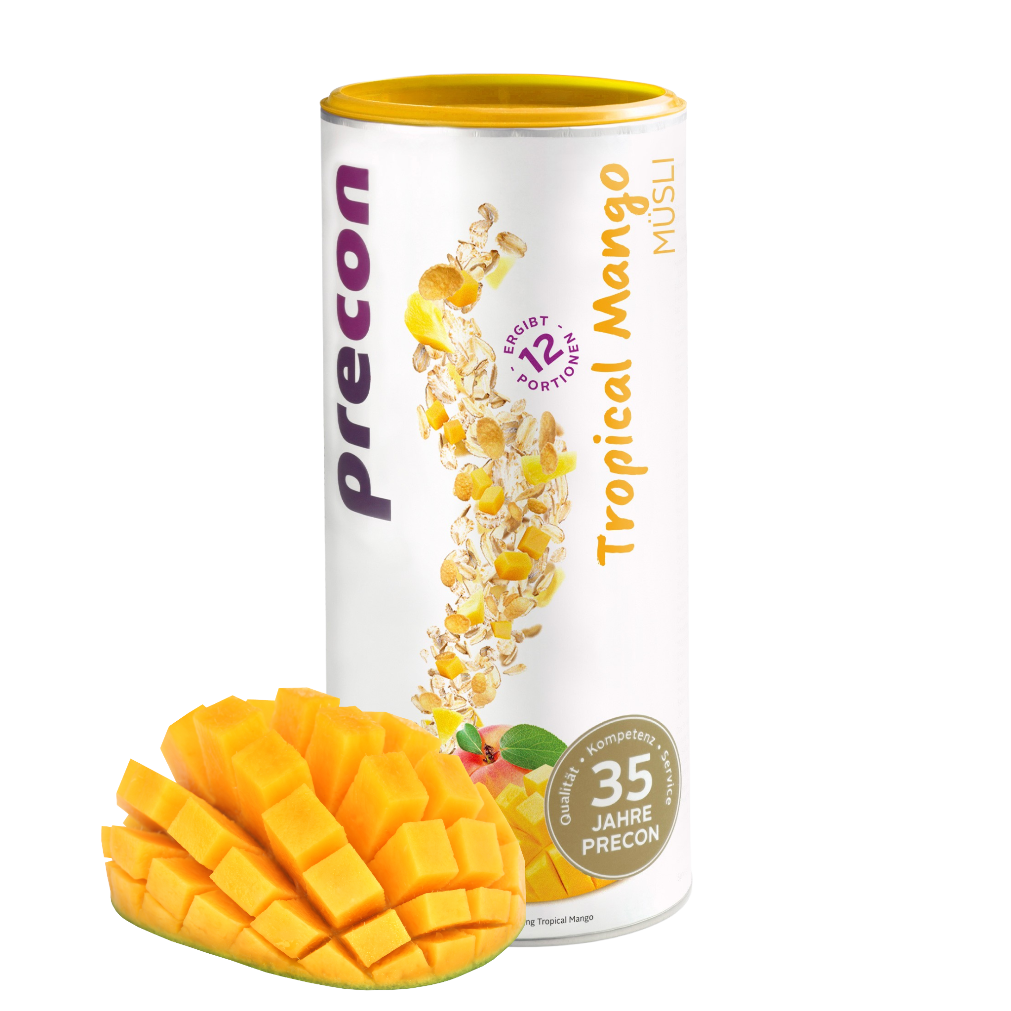 Ein zylindrischer Precon Tropical Mango Müsli-Behälter mit Müsli- und Mango-Motiven auf dem Etikett steht neben einer in Scheiben geschnittenen frischen Mango auf weißem Hintergrund - perfekt zum Abnehmen.