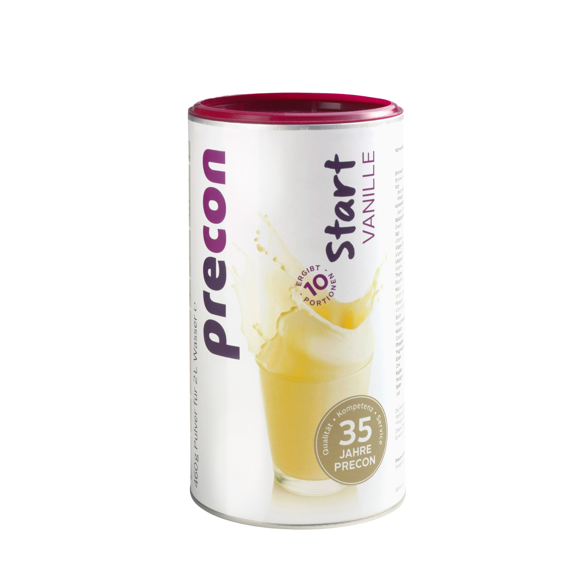 Ein zylindrischer Behälter mit Precon Start Shake Vanille Mahlzeitenersatzpulver, mit einem Etikett, das ein Glas Shake, "10 Portionen", "Diätstart" und "35 Jahre Precon" zeigt, alles vor einem weißen Hintergrund.