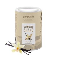 Ein beiger Behälter mit „Anona GmbH Complete Shake Vanille“, vor dem auf weißem Hintergrund eine Vanilleblüte und Vanilleschoten zu sehen sind.