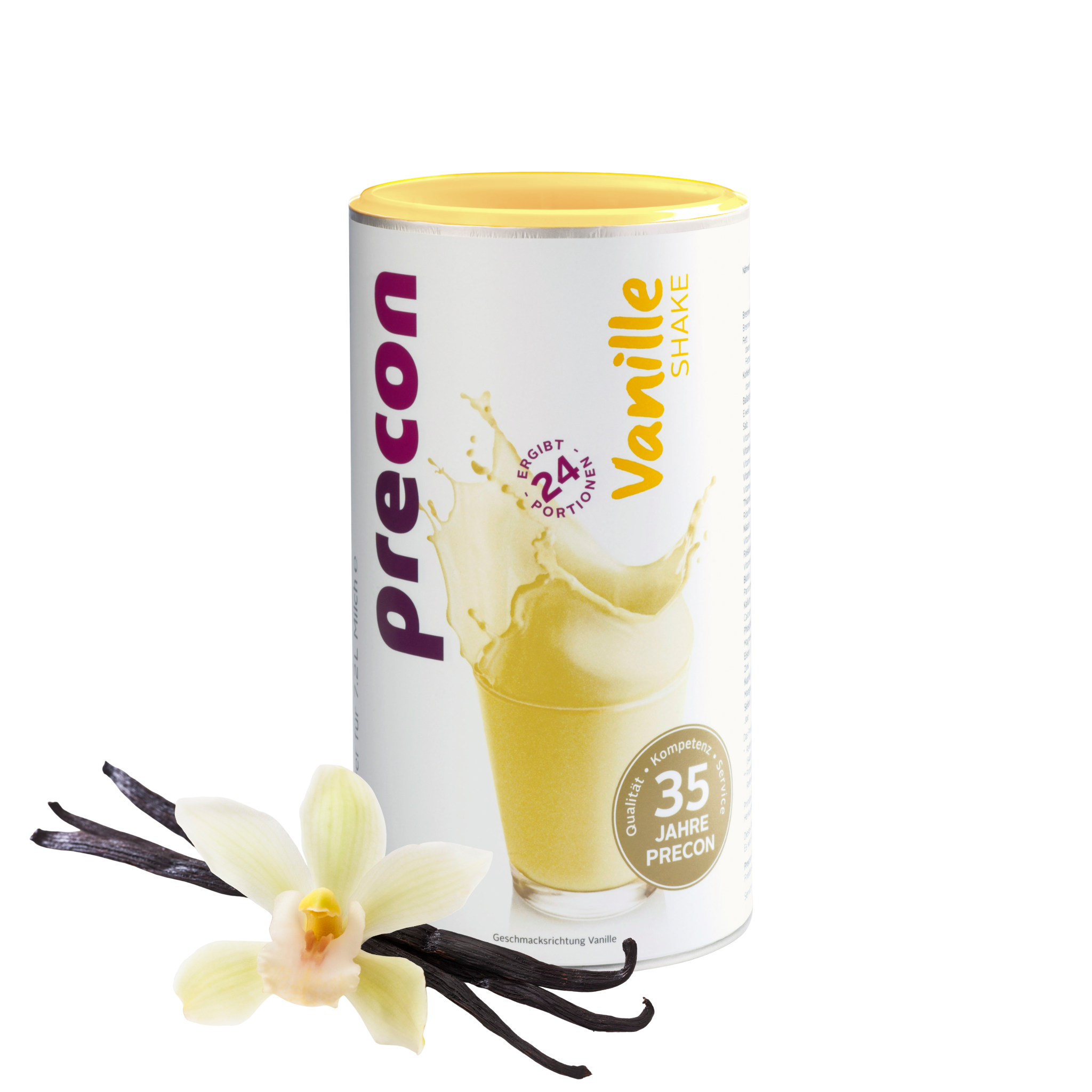 Ein Precon Vanille Shake Kanister beschriftet für 24 Portionen und 35 Jahre Precon, abgebildet mit einer Spritzgrafik. Ideal als Mahlzeitersatz zur Gewichtsabnahme. Eine Vanilleblüte und zwei Schoten stehen daneben auf weißem Hintergrund.
