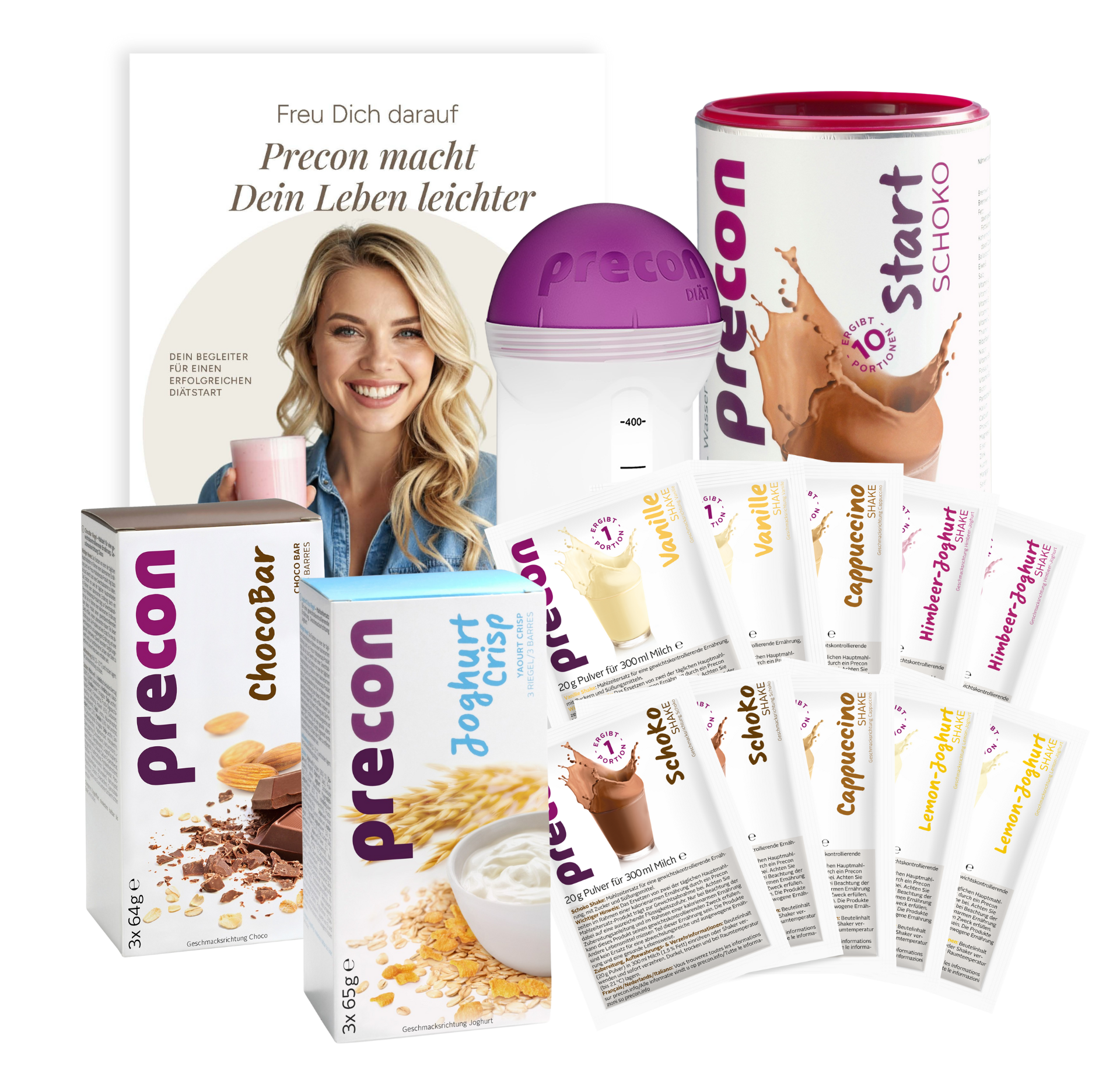 Das Precon Einsteiger-Startpaket CH enthält alles, was man zum Abnehmen braucht: Mahlzeitenshake-Beutel, einen Shaker, ChocoBar, Joghurt Crisp-Riegel, eine Start Schoko-Dose und ein Booklet mit einer lächelnden Frau auf dem Cover.