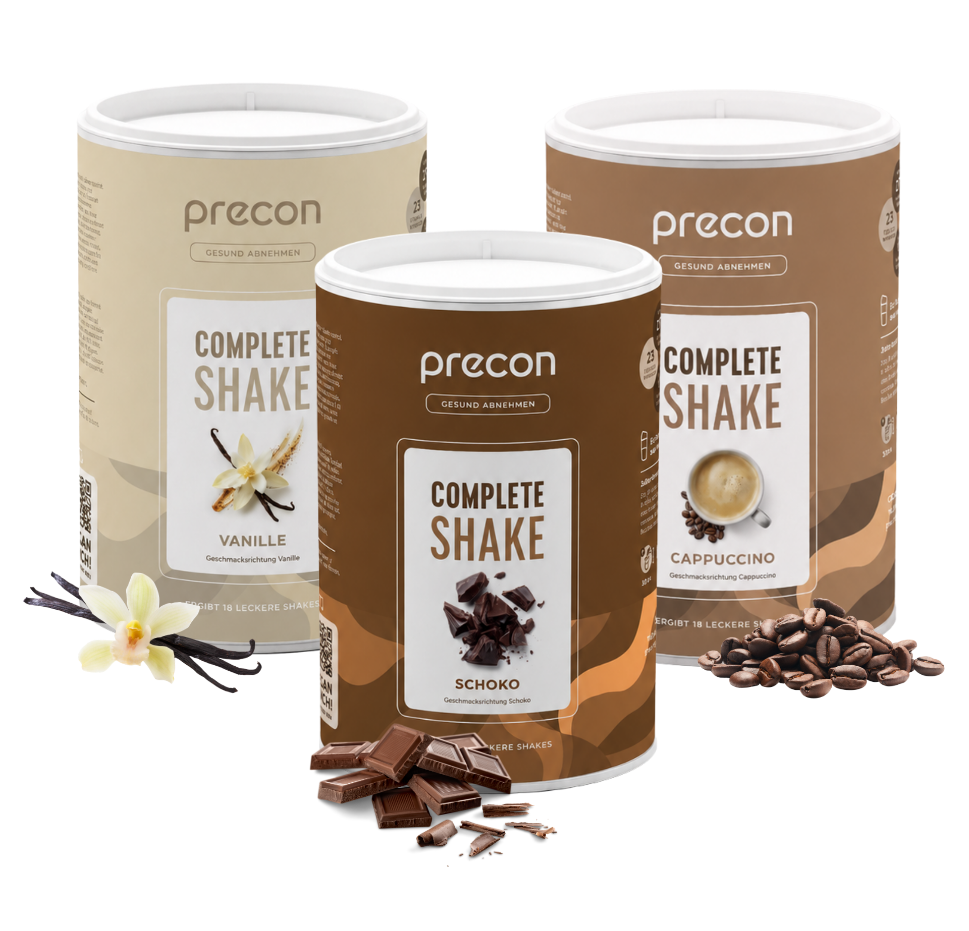 Drei Dosen aus dem „Precon Mix & Match“-Paket in den Geschmacksrichtungen Vanille, Schokolade und Cappuccino werden zusammen mit passenden Zutaten – Vanilleblüten, Schokoladenstückchen und Kaffeebohnen – vor jeder Dose auf einem weißen Hintergrund präsentiert.