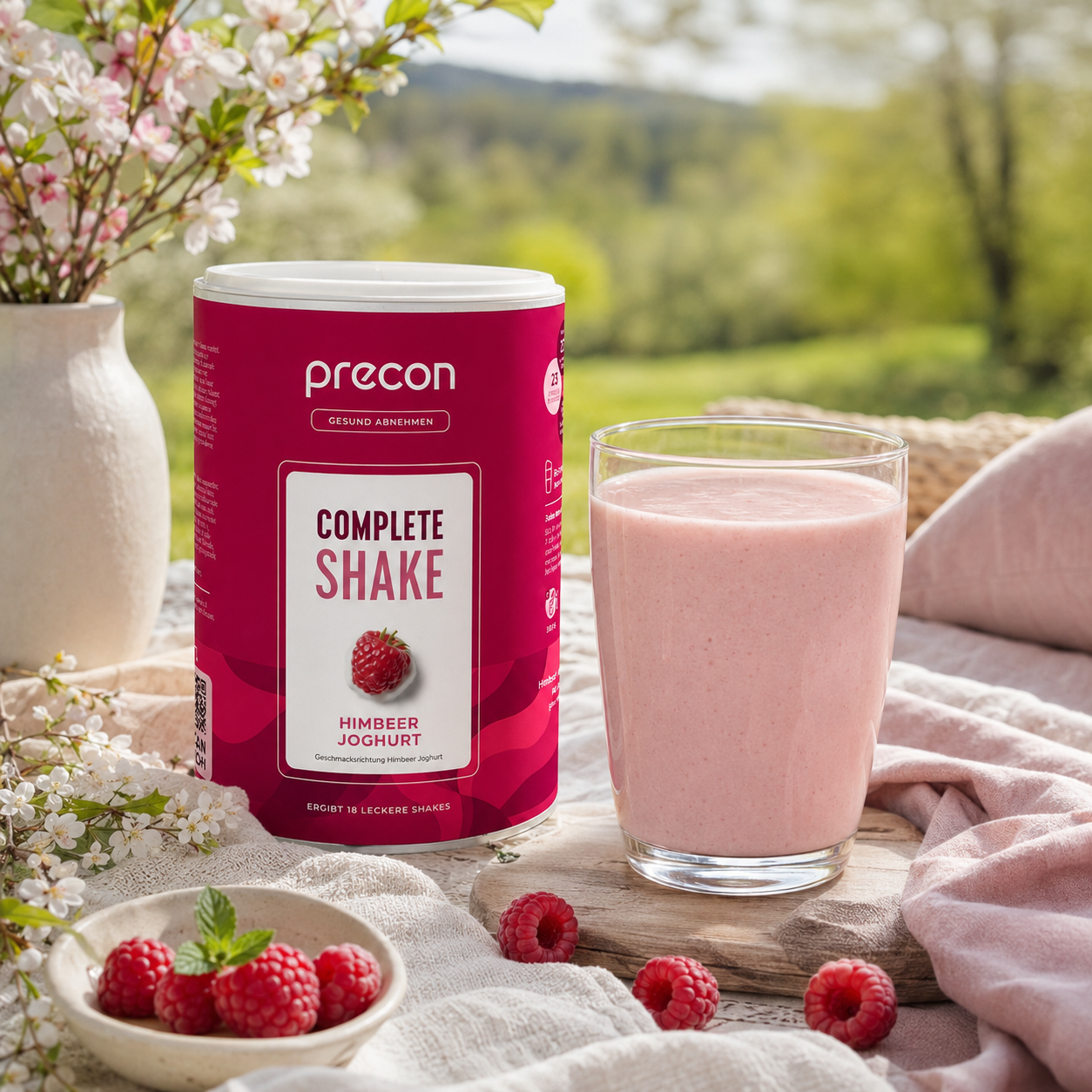 Ein Glas „Anona GmbH Complete Shake Himbeer-Joghurt“ in Rosa steht neben seinem Behälter, garniert mit frischen Himbeeren und Blumen auf einem Tisch im Freien, während im Hintergrund grüne Bäume sanft verschwommen erscheinen.