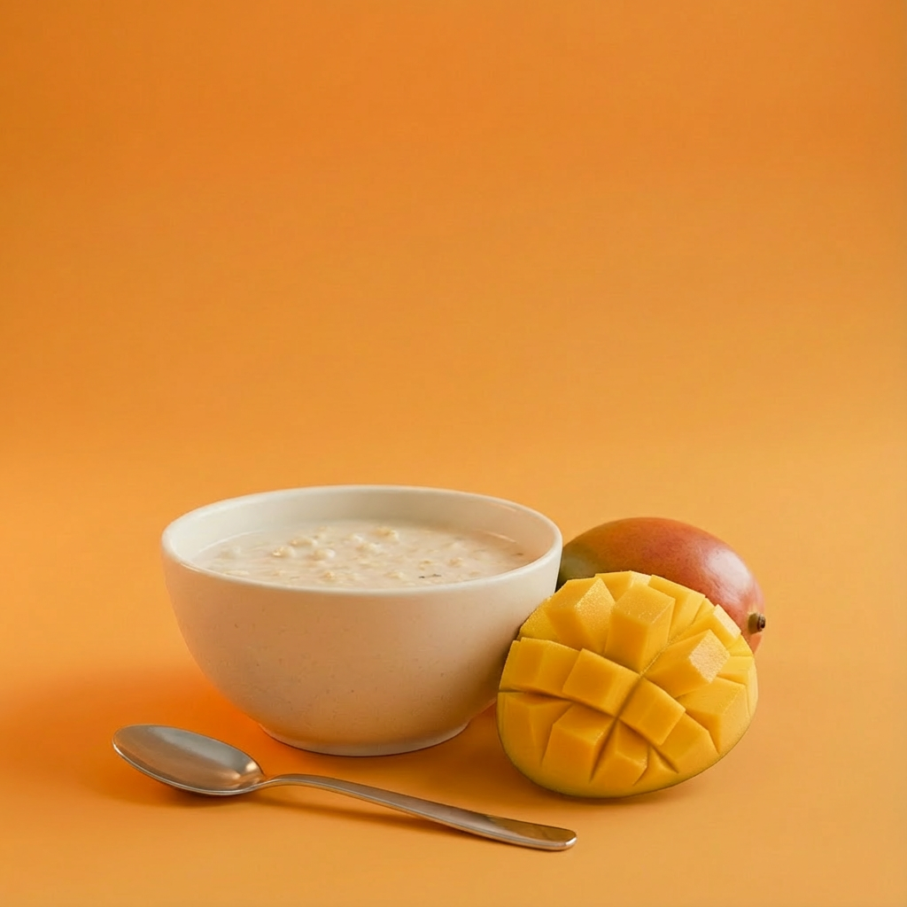 Eine Schale Anona GmbH Tropical-Mango Müsli steht neben einer reifen, halb gewürfelten Mango auf einem orangefarbenen Hintergrund, davor ein silberner Löffel.