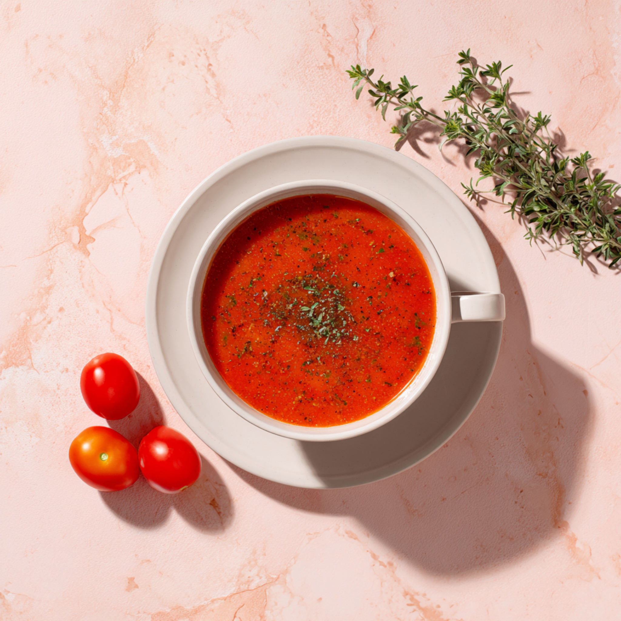Eine weiße Tasse mit Precon Tomatensuppe, garniert mit Kräutern, steht auf einer passenden Untertasse. Daneben stehen auf einer blassrosa Marmorfläche drei Kirschtomaten und ein Thymianzweig.