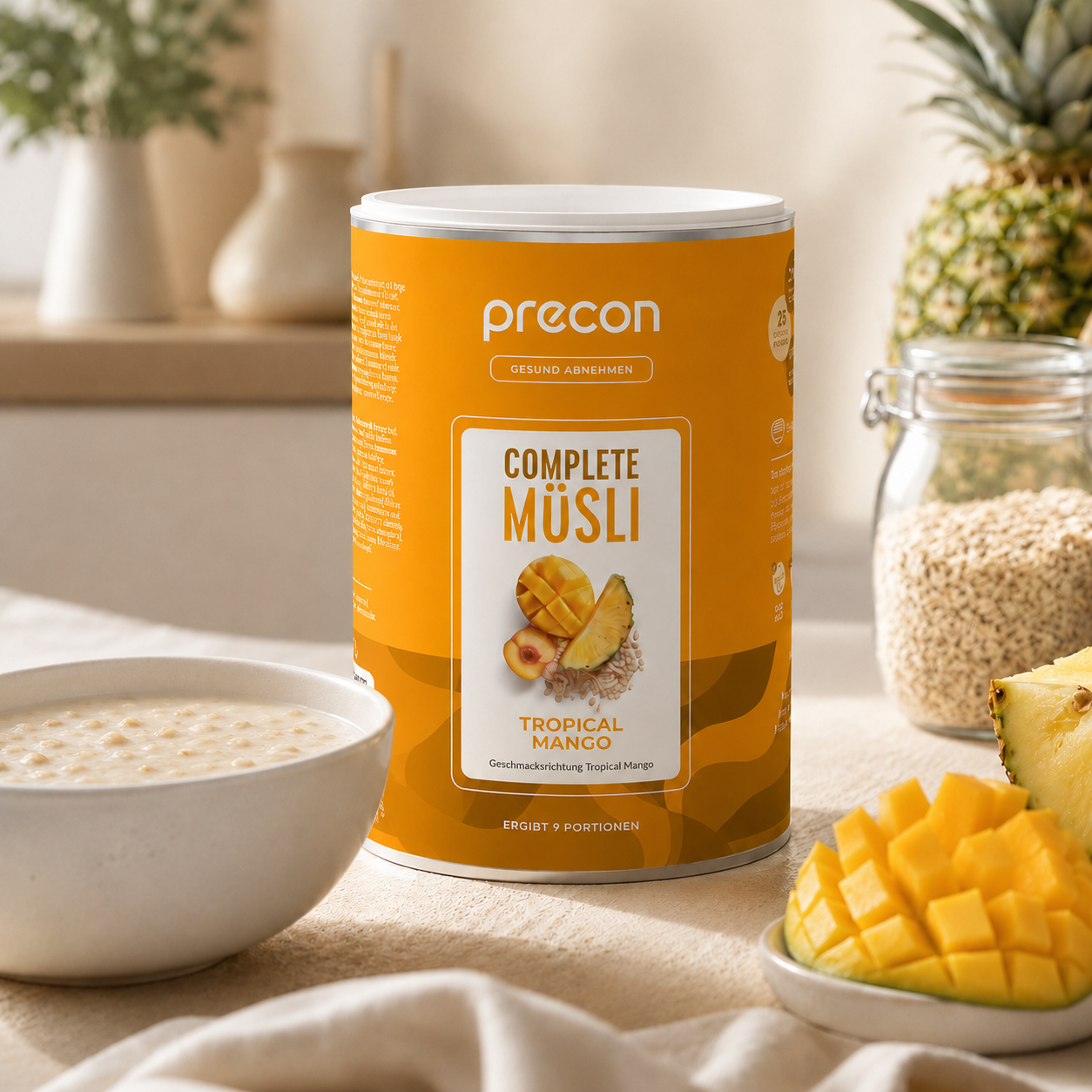 Auf einem sonnendurchfluteten Küchentisch steht eine Schale mit „Anona GmbH Complete Müsli Tropical Mango“, dazu Mangoscheiben, Ananas, ein Glas mit Getreideflocken und eine beige Tischdecke.