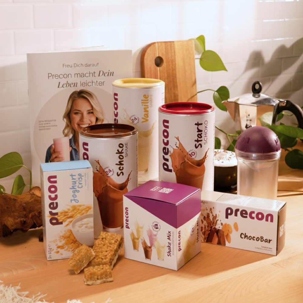 Das Precon 4-Wochen-Neujahrspaket steht auf einer Küchentheke mit einer Precon-Broschüre, einem Shaker und Küchenutensilien im Hintergrund.