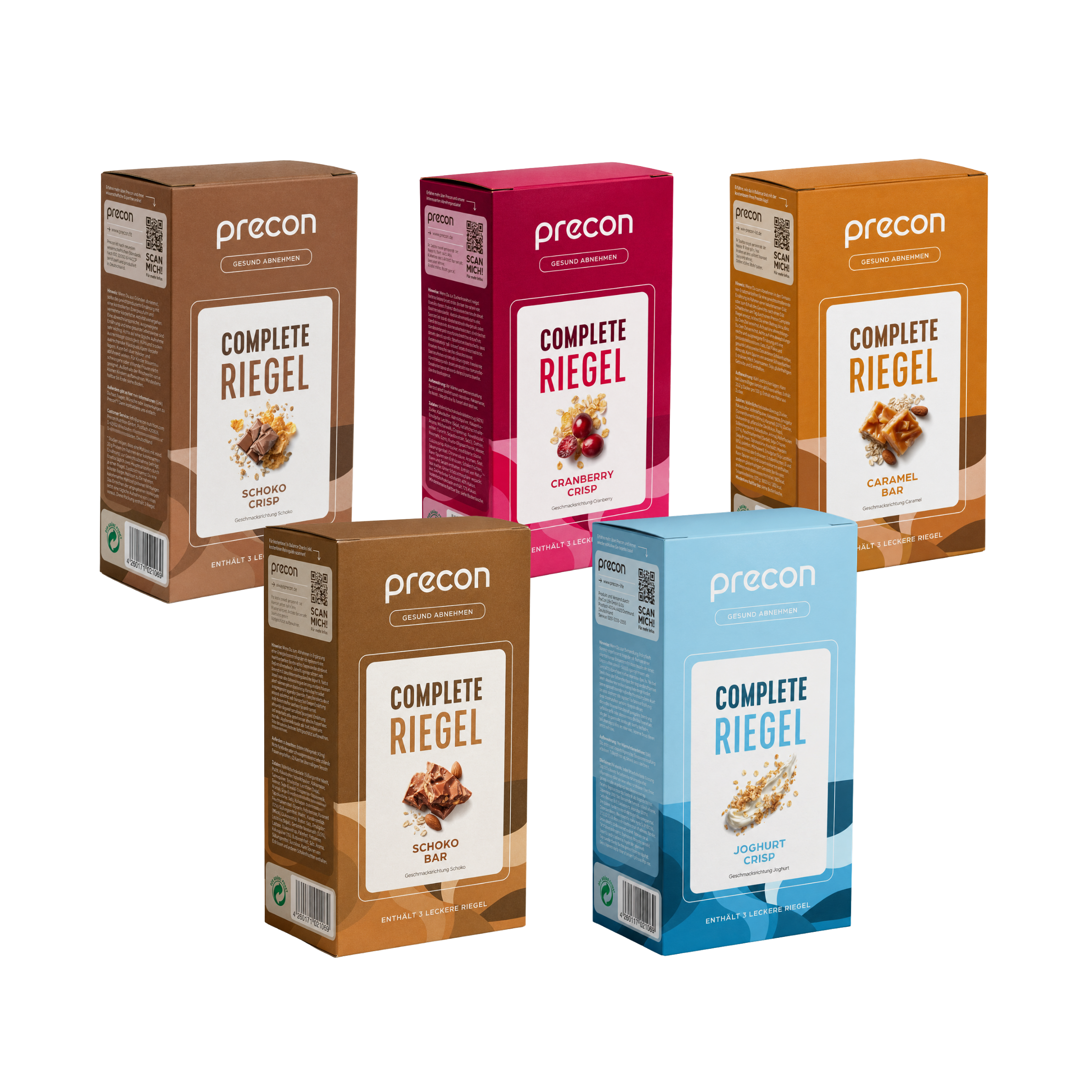 Fünf Schachteln des „Precon Riegel-Probier-Pakets“ mit verschiedenen Geschmacksrichtungen – Schoko Crisp, Beeren, Karamell, Schoko Bar und Joghurt Crisp – sind vor einem weißen Hintergrund angeordnet.