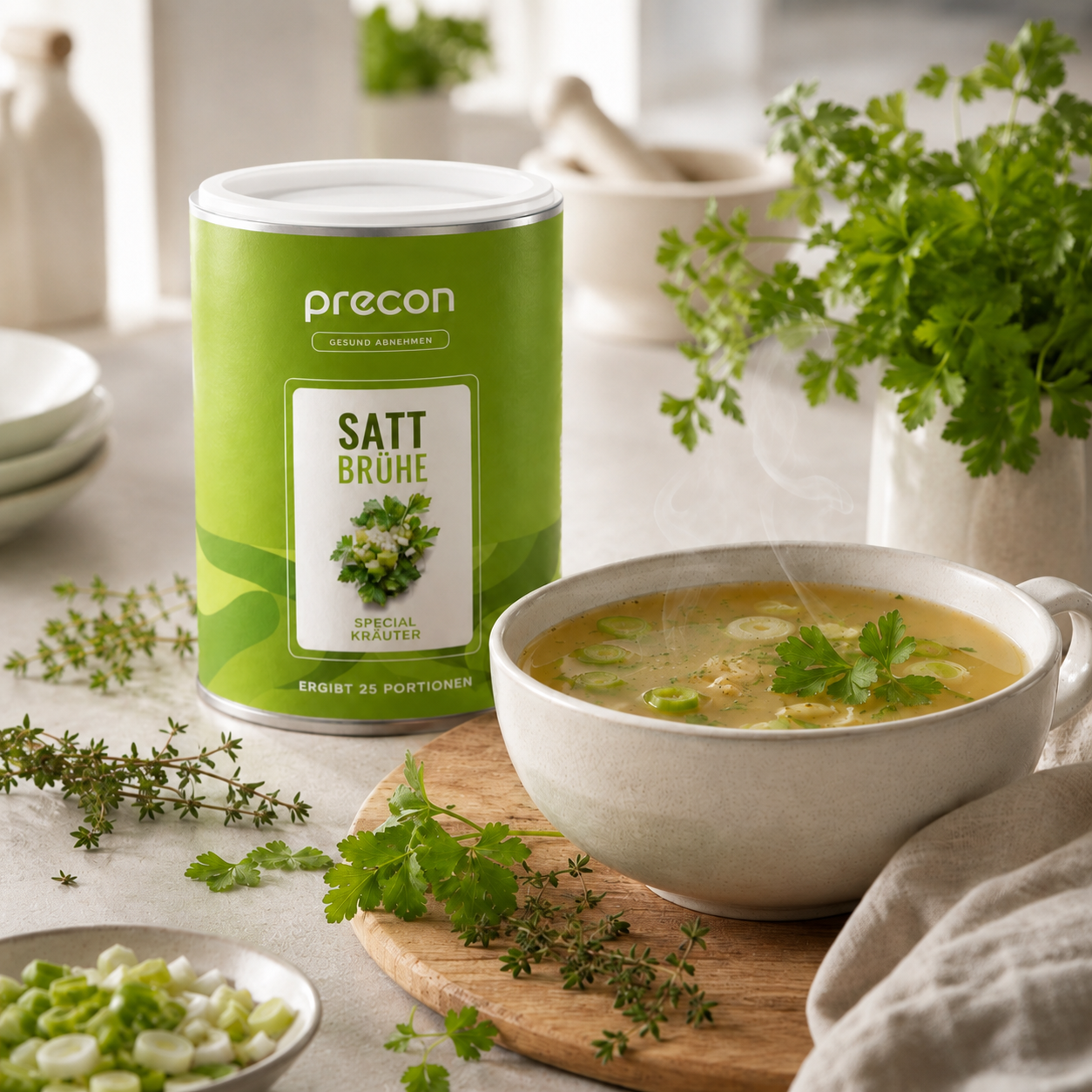Eine dampfende Suppenschüssel, garniert mit frischen Kräutern, steht neben einem grünen „Satt Brühe“-Behälter der Anona GmbH auf einem Holzbrett, dazu gibt es eine Auswahl an frischen Kräutern und eine weiße Schale mit gehackten Frühlingszwiebeln.
