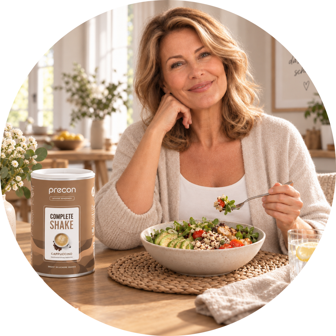 Frau mit Salatschüssel und Precon Complete Shake