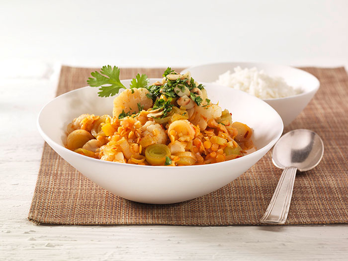 Blumenkohl-Linsen-Curry mit Lauch und Reis