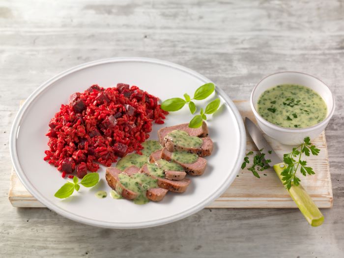 Rote-Bete-Risotto und Lamm mit Kräutersauce – Precon Rezepte